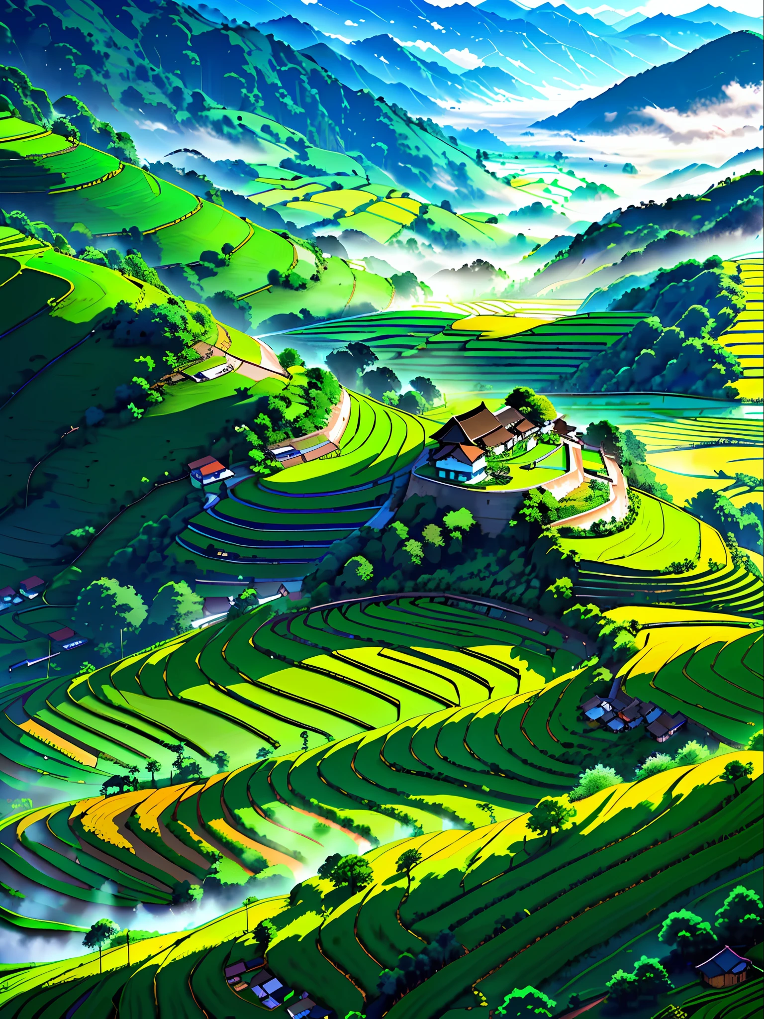 Large expanses of terraced fields, mountains, huts, with rice fields, rice fields, neat rice seedlings in the fields, misty rain, villages, agriculture, in the tranquil landscape, misty weather, in the vast tranquil landscape, in the early morning, in the morning mist, behind a small village, mist, Japanese countryside, thatched roofs --v 6