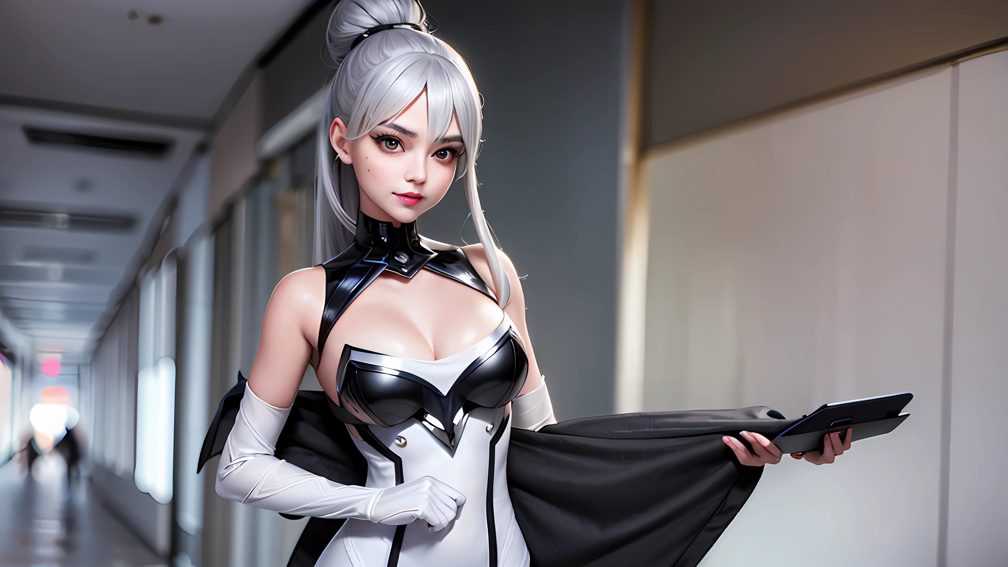 ((grey hair)), high ponytail,,heavy makeup, cute, technological sense,8k, best quality, masterpiece, illustration, an extremely delicate and beautiful, extremely detailed ,CG ,unity ,wallpaper, Amazing, finely detail, masterpiece,best quality,official art, extremely detailed CG unity 8k wallpaper,((smile)),tomboy,((Big eyes)),((perfect eyes)),highly detailed, sharp focus,rich background,loli, looking at viewer, breasts, blurry background, small breasts, bangs, bare shoulders, white dress, dress, realistic, in the cyberpunk city, strong rim light, in summer,