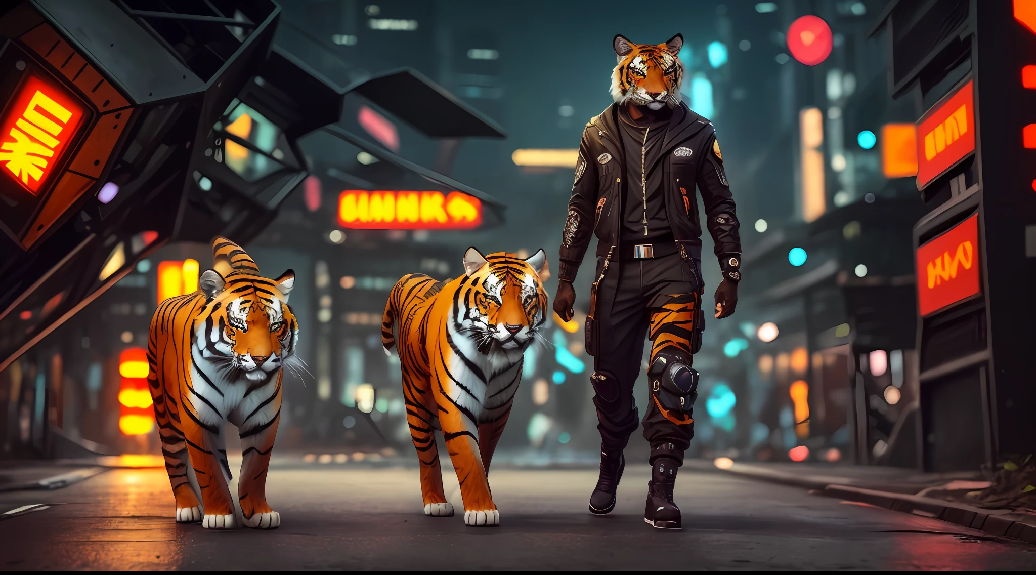 there is a tiger that is standing in the street, cyberpunk cat, wojtek fus, an anthropomorphic cyberpunk fox, caracal cyborg, anthropomorphic tiger, epic scifi character art, cyborg cat, [ trending on cgsociety ]!!, trending on artstation 4k, furry fantasy art, 4k highly detailed digital art, a cyborg cat
