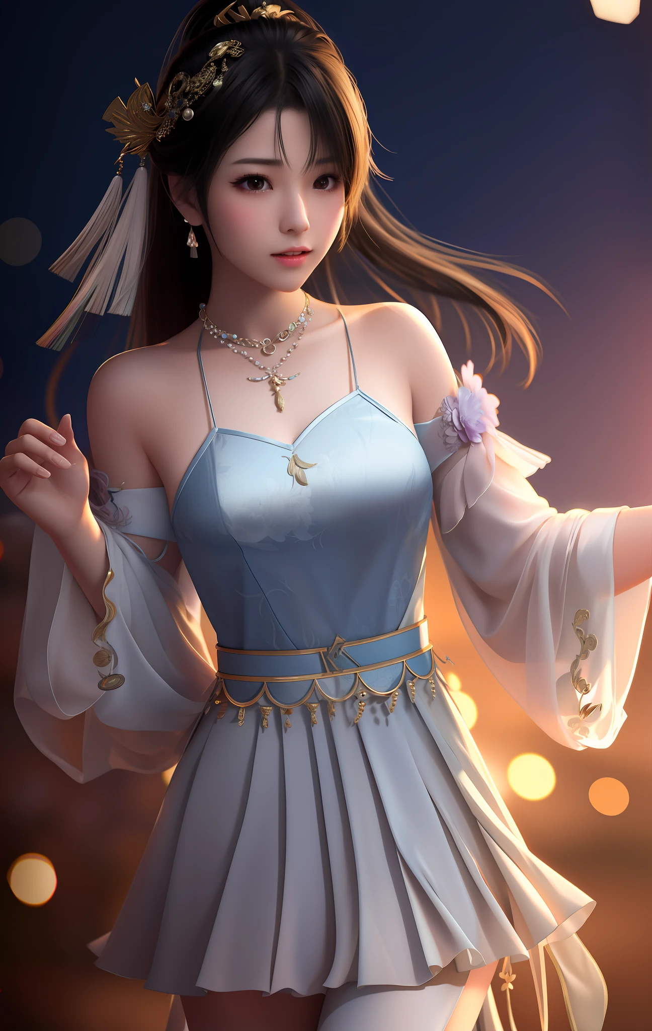 Amai Liu, young asian, best quality, masterpiece, high resolution, 1girl,porcelain dress,hair ornament,necklace,jewelry,beautiful face,on top of body,tyndall effect,photorealistic,dark studio,rim lighting,two-tone lighting,(highly detailed skin:1.2),8k uhd, Dslr, soft lighting, high quality, volumetric lighting, sincere, photography, high resolution, 4k, 8k, Bokeh