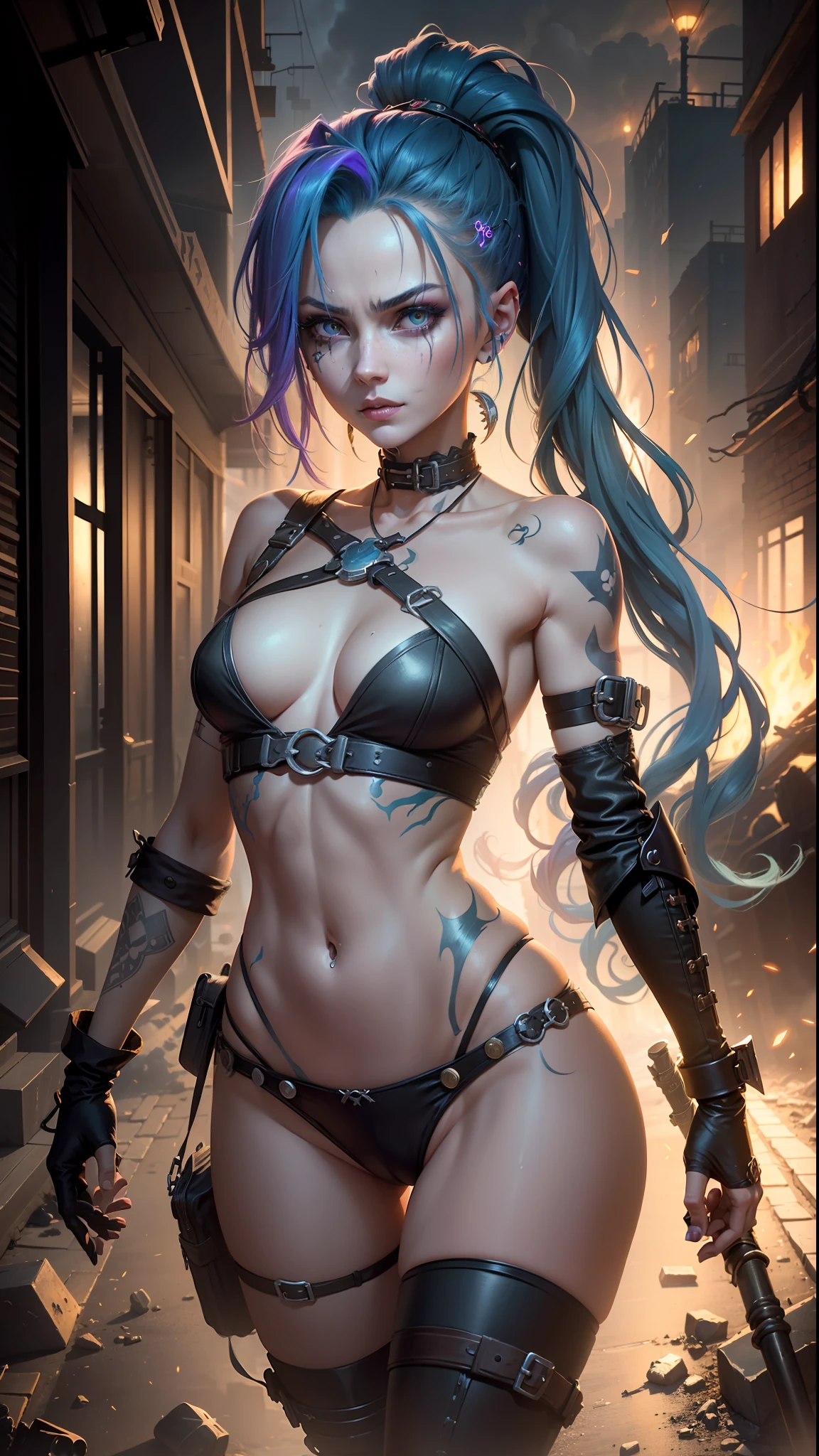 ((Best quality)), ((masterpiece)), (highly detailed:1.3), 3D, arcane style,In the dark and gritty dystopian city Piltover, plagued by violence and divided into two opposing factions, a young prodigy named Jinx emerges. Having endured unimaginable loss and abandonment, she has embraced a life of chaos and destruction. Known for her inventive and explosive abilities, Jinx becomes an icon of rebellion against the oppressive forces controlling the city. However, haunted by guilt and battling inner demons, she must confront her past and decide whether to continue down the path of anarchy or seek redemption amidst the turmoil. Explore the journey of Jinx as she navigates a treacherous world, fighting for survival, unraveling secrets, and discovering the true meaning of her twisted existencechaos reigns supreme, and at the heart of it all is Jinx, the embodiment of unpredictability. Delve deep into the twisted mind of Jinx, exploring the origins of her madness and the driving force behind her destructive nature. Unveil the moments that shaped her into the deranged and iconic character we know. Take us on a wild journey through the vibrant streets of Piltover and the grim underbelly of Zaun as Jinx wreaks havoc with her explosive arsenal. Can redemption ever find its way into Jinx's fractured soul? Or will she forever dance on the edge of sanity, embracing the chaos that fuels her very existence? The fate of Arcane hangs in the balance as Jinx's path intertwines with unlikely allies and formidable foes. Ignite your imagination and paint a vivid portrait of Jinx's twisted psyche, capturing the essence of her madness and the untamed spirit that defines her,HDR (High Dynamic Range),Ray Tracing,NVIDIA RTX,Super-Resolution,Unreal 5,Subsurface scattering,PBR Texturing,Post-processing,Anisotropic Filtering,Depth-of-field,Maximum clarity and sharpness,Multi-layered textures,Albedo and Specular maps,Surface shading,Accurate simulation of light-material interaction,Perfect proportion