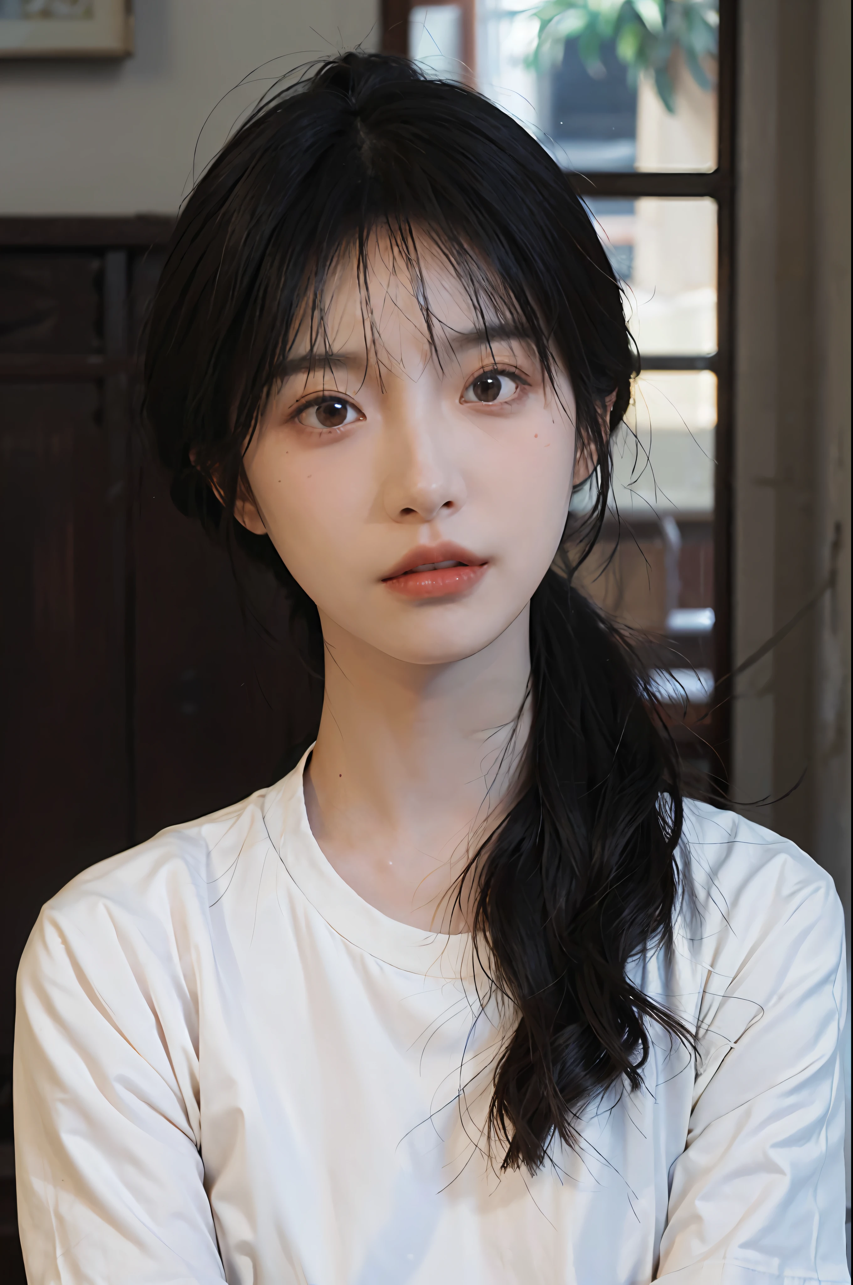 Temperament girl, delicate facial features, bangs, brown ponytail, messy hair, hair is very realistic, wearing a white shirt with short sleeves, the background is the sky, sea view, Du Qiong, exquisite makeup, light red lips, big eyes, double eyelids, black holes, bright eyes, symmetrical face, face is very real, meticulously portrayed the girl's face, blush, super high appearance, looking at the audience, very realistic skin, skin oil reflection, artwork, clothes with real fabric texture, realistic painting, film style, Photography level, ray tracing, realistic light and shadow effects, realism, masterpiece, just like the top photography effect, 8K