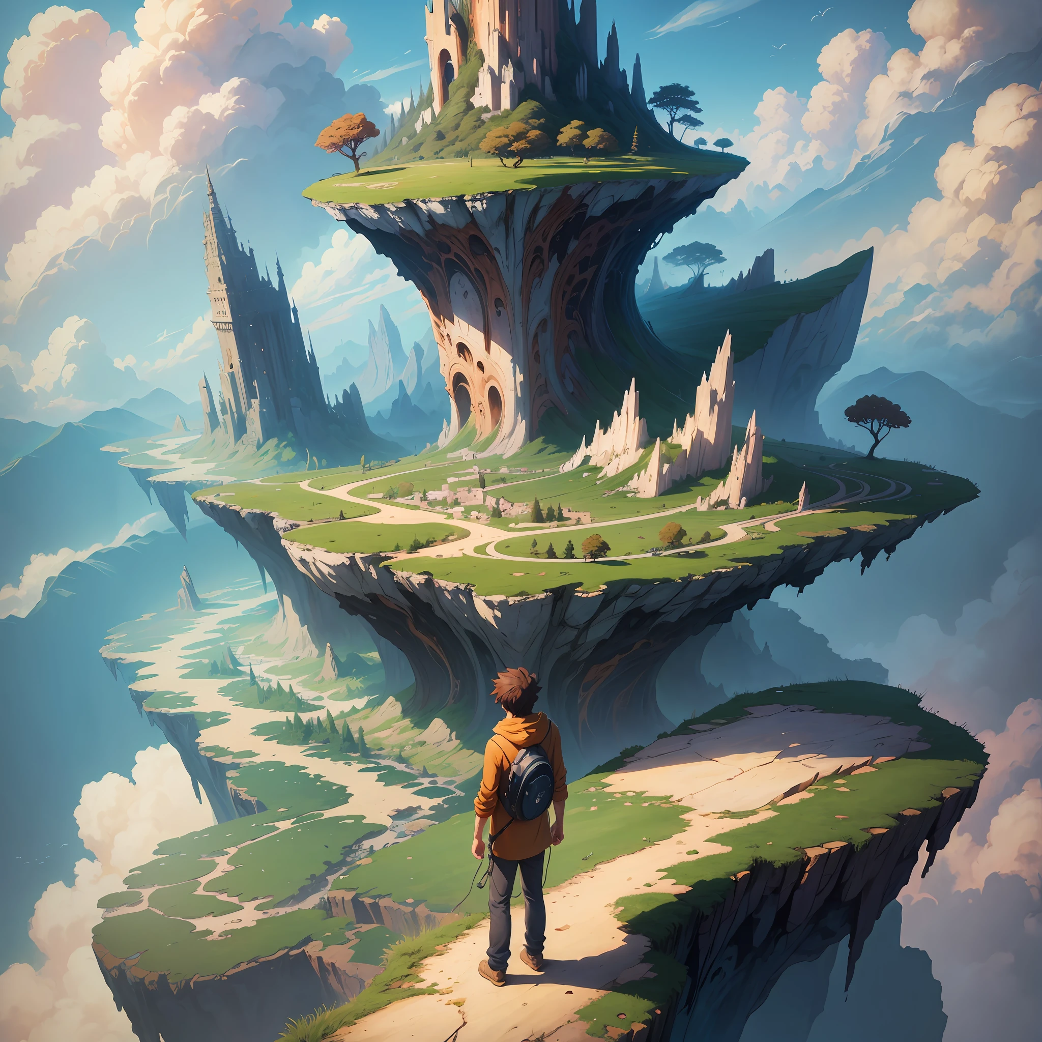 arafed image of a man standing on a cliff looking at a tree, concept art inspired by Cyril Rolando, Artstation contest winner, fantasy art, anime art wallpaper 4k, anime art wallpaper 4 k, anime art wallpaper 8 k, paul lehr and beeple, makoto shinkai cyril rolando, cyril rolando and goro fujita --auto --s2