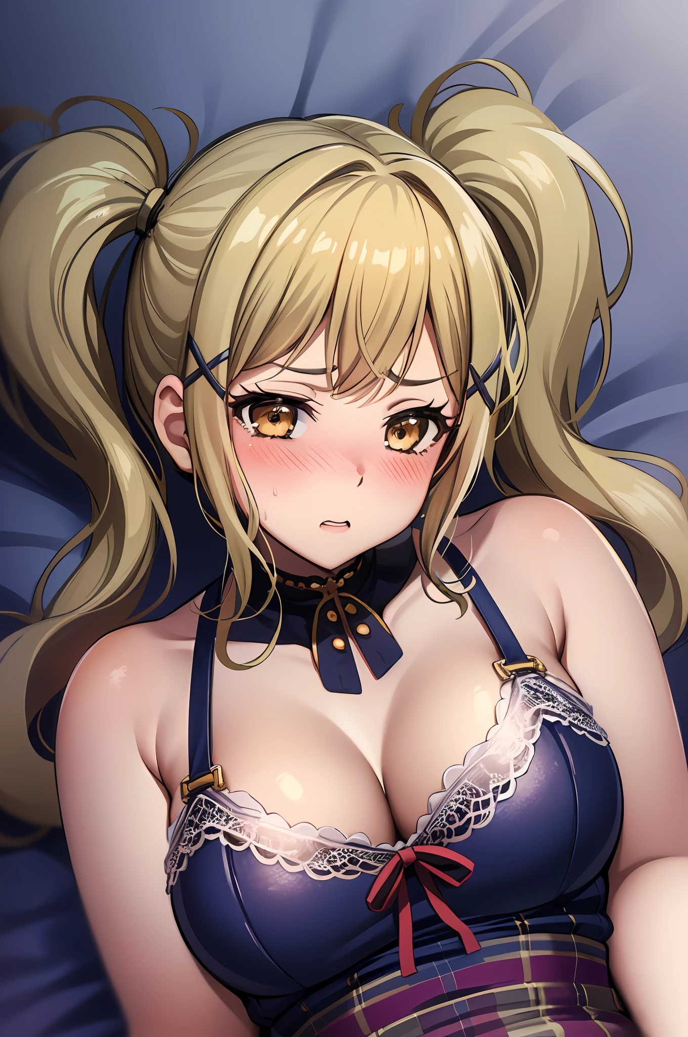 1girl, Arisa ichigaya, x hair ornament, blonde twintails, one piece lingerie, busty, bra, sexy body, lying on bed, thighs, crotch, (blushing:1.4), (breath:1.4), pov, (from above view)