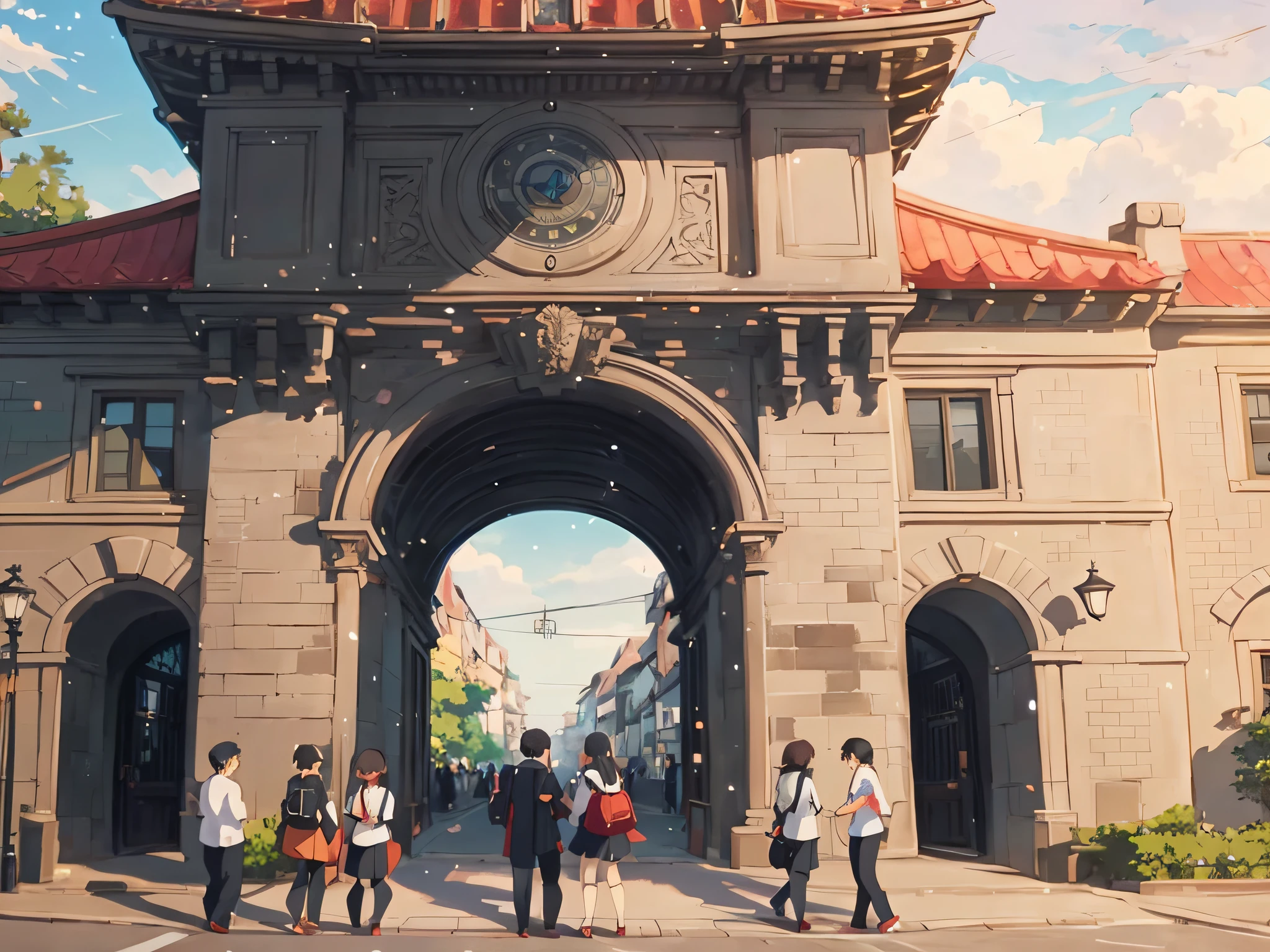 there are people walking in front of a building with a clock on it, artwork in the style of guweiz, guweiz masterpiece, tokyo anime scene, rio de janeiro in an anime film, realistic anime 3 d style, beautiful anime scene, guweiz, intricate ornate anime cgi style, anime style mixed with fujifilm, ( ( makoto shinkai ) )