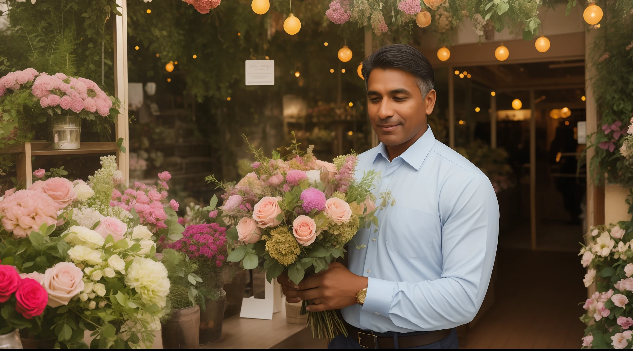 Brown man, 50 years old, choosing a bouquet of flowers in a flower shop, realistic, hyper realism, garden background, dreamy glow, lens brightness, soft lighting, golden hour, formal wear, teacher, focal blur, 4K, 24mm, full body shot, dreamer, spring.