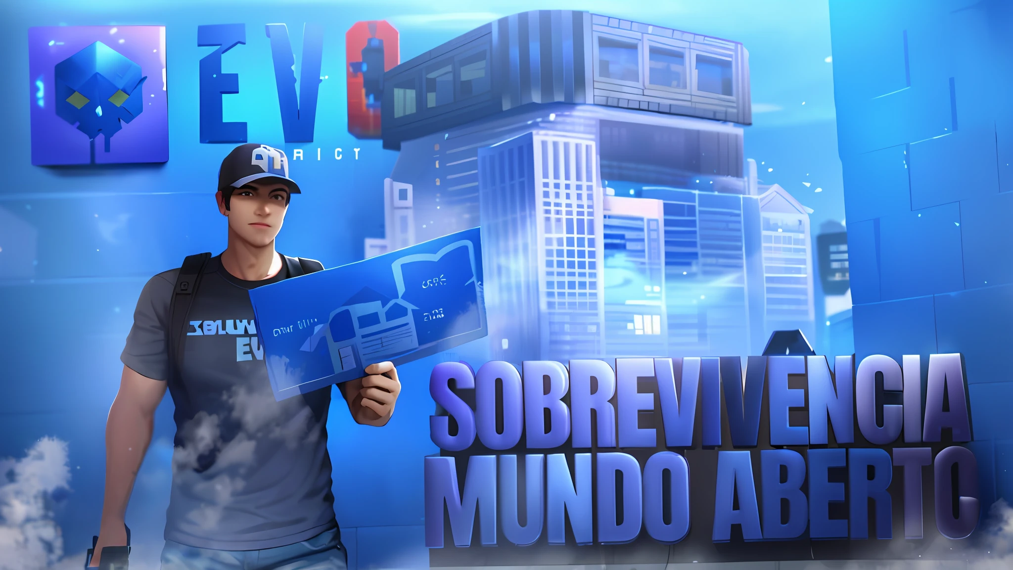a man holding a blue sign in front of a building, mmo, fornite, nova, youtube thumbnail, epic games, ark survival evolved, pro - vida, ark survival, fortnite, ssao 8 k, salvador, neosvr!!!, p90, sovjet, youtuber, in fortnite, pub, avp, olbivion, csgo