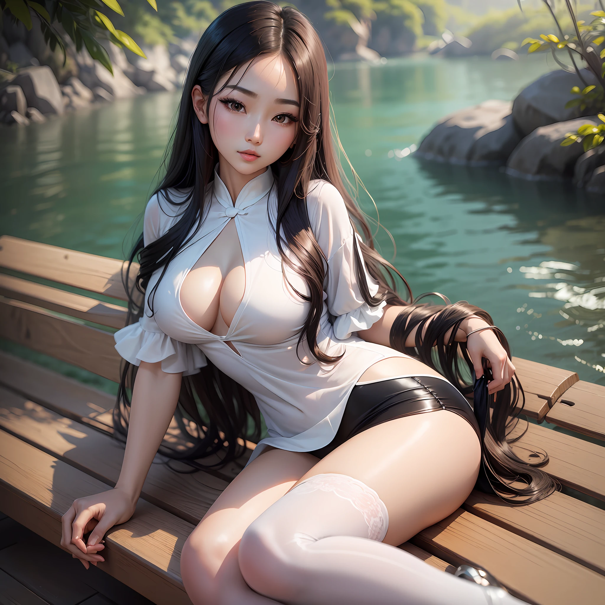 1 girl, sitting cross-legged, sexy seductive pose, (single, full body: 0.6, young, big breasts: 1.2), detailed face, Chinese woman in white dress, black tie and white shirt, close-up of woman sitting on bench by the lake, Korean girl, gorgeous young Korean woman in shirt with cute top, Chinese girl, beautiful Korean young woman, young cute girl, long hair asian girl, Asian girl, sakimichan, smooth white tights suit