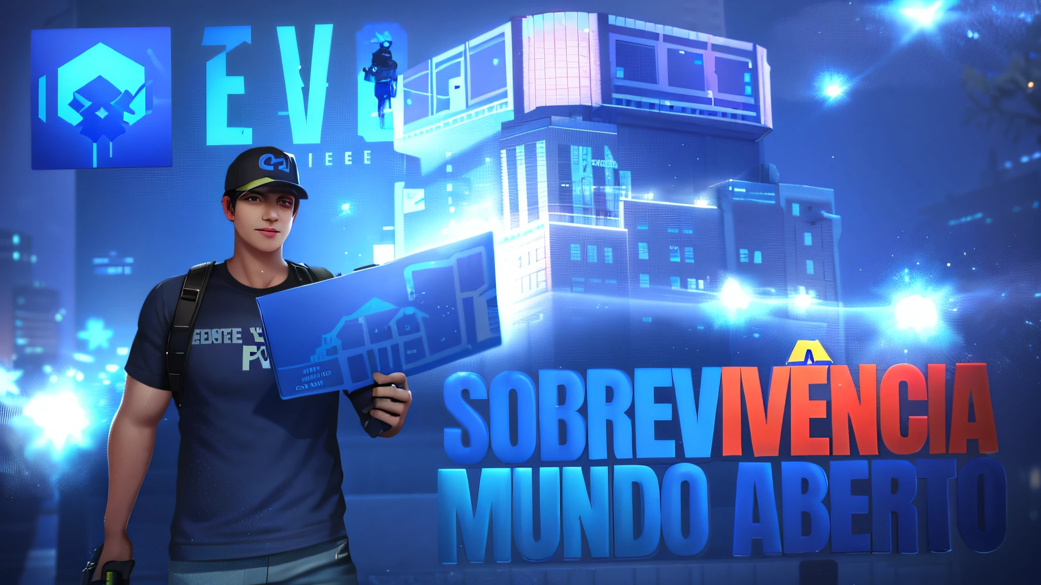 a man holding a blue sign in front of a building, mmo, fornite, nova, youtube thumbnail, epic games, ark survival evolved, pro - vida, ark survival, fortnite, ssao 8 k, salvador, neosvr!!!, p90, sovjet, youtuber, in fortnite, pub, avp, olbivion, csgo