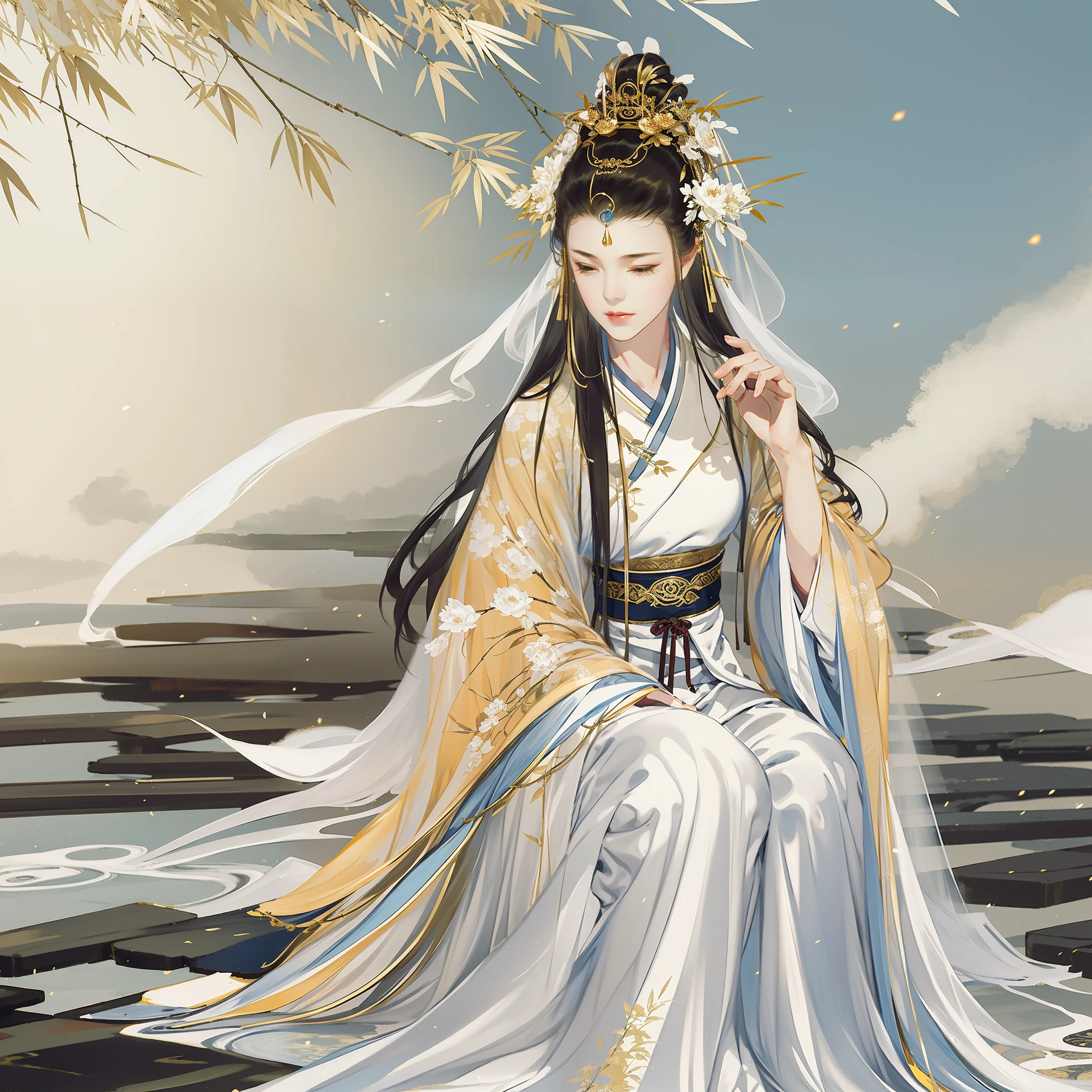 An ancient Chinese girl, sitting on a lotus-shaped throne, full body portrait, eyes closed, red mole on the eyebrows, clear facial features, (crown veil, golden light on the head, flowing white Hanfu, body surrounded by white mist, behind the bamboo forest), film edge light, delicate light, masterpiece, super detailed, epic composition, super HD, high quality, highest quality, 32k