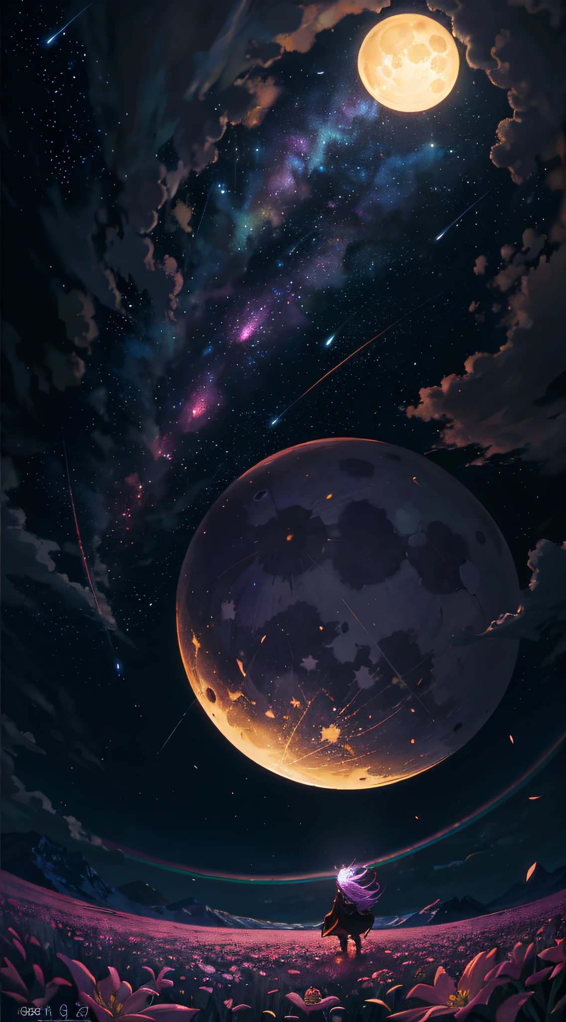 Vast landscape photo, (viewed from below, the sky is above and the open field is below), a girl standing on a flower field looking up, (full moon: 1.2), (meteor: 0.9), (nebula: 1.3), distant mountains , Trees BREAK Crafting Art, (Warm Light: 1.2), (Fireflies: 1.2), Lights, Lots of Purple and Orange, Intricate Details, Volumetric Lighting, Realism BREAK (Masterpiece: 1.2), (Best Quality), 4k, Ultra-Detailed, (Dynamic Composition: 1.4), Very Detailed, Colorful Details, (Rainbow Colors: 1.2), (Glow Lighting, Atmospheric Lighting), Dreamy, Magical, (Solo: 1.2)