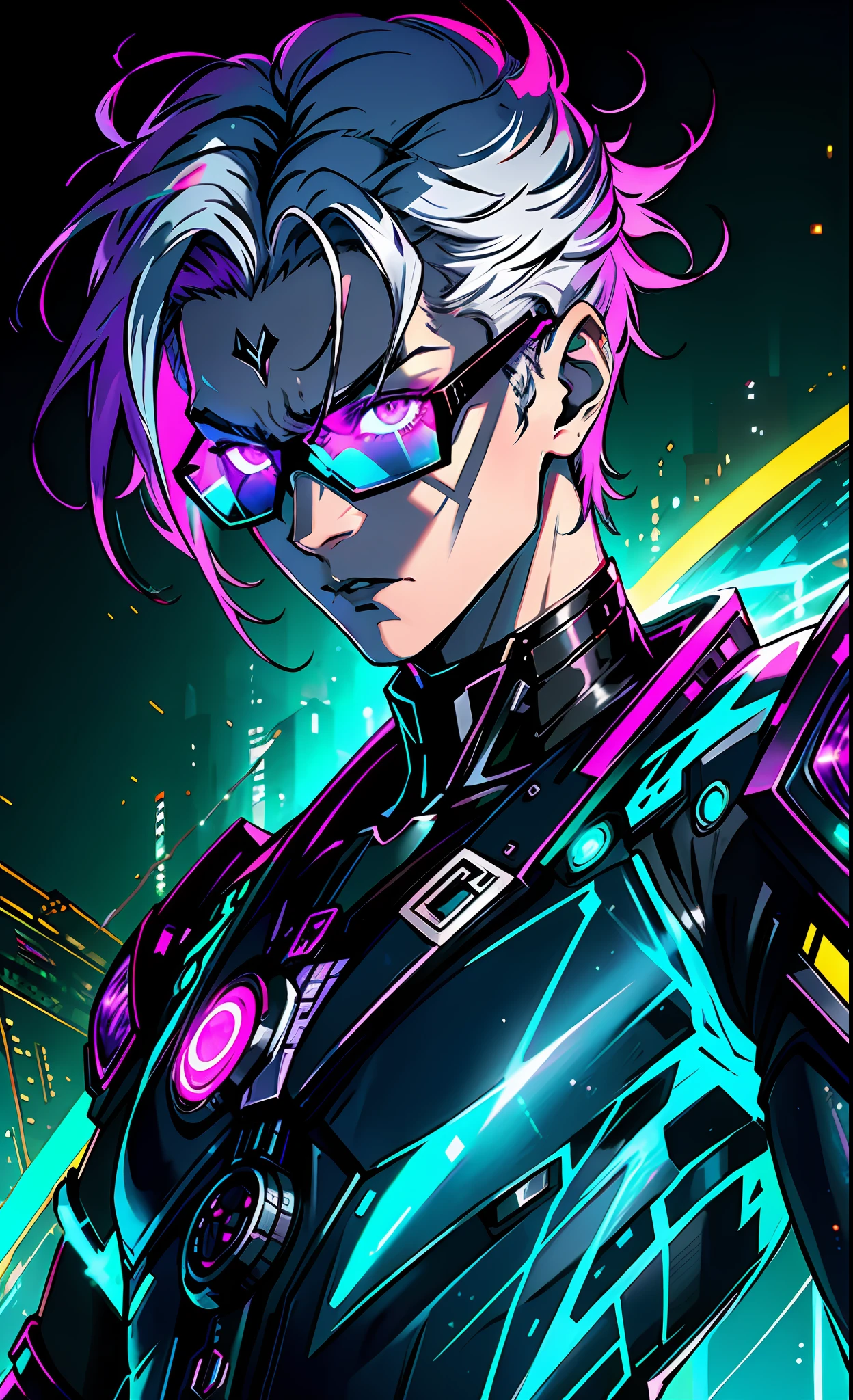 In the neon-lit expanse of CyberHaven, a sprawling metropolis that pulses with technological wonders and shadows that never sleep, resides a vampire boy named Asher. At the tender age of 18, he embodies the enigmatic fusion of ancient darkness and futuristic aesthetics. Explore the intricately detailed world of Asher: Hair: Asher's hair is a vibrant tapestry of black, white, and shades of purple, an artistic homage to the ever-evolving cyberpunk aesthetic. These electrifying colors intertwine, reflecting the neon lights that bathe the city's streets. His hair is styled in a dynamic fashion, a blend of sleek and spiked elements, echoing the fusion of tradition and futurism. Glasses: Adorning his face, Asher's glasses embody cutting-edge technology with a touch of retro charm. The frames are sleek and silver, intricately designed with embedded microcircuitry that enhances his vision in the augmented reality of CyberHaven. The lenses possess a subtle holographic shimmer, providing him with an overlay of data and information within his field of view. Eyes: Beneath the tinted lenses of his glasses, Asher's eyes glimmer with an ethereal glow, a vibrant shade of amethyst that seems to radiate with electric energy. They hold an intensity that reflects his profound connection to the nocturnal world and his unyielding thirst for both knowledge and the life essence that sustains him. Cybernetic Enhancements: Within the cyberpunk realm, Asher has embraced technological augmentations that coexist with his vampiric nature. Tracing along his arms and neck, faintly glowing circuitry tattoos blend seamlessly with his skin, enhancing his reflexes and senses. These enhancements are a testament to his ability to adapt and thrive in the ever, highly detailed face, highly detailed eyes,potrait