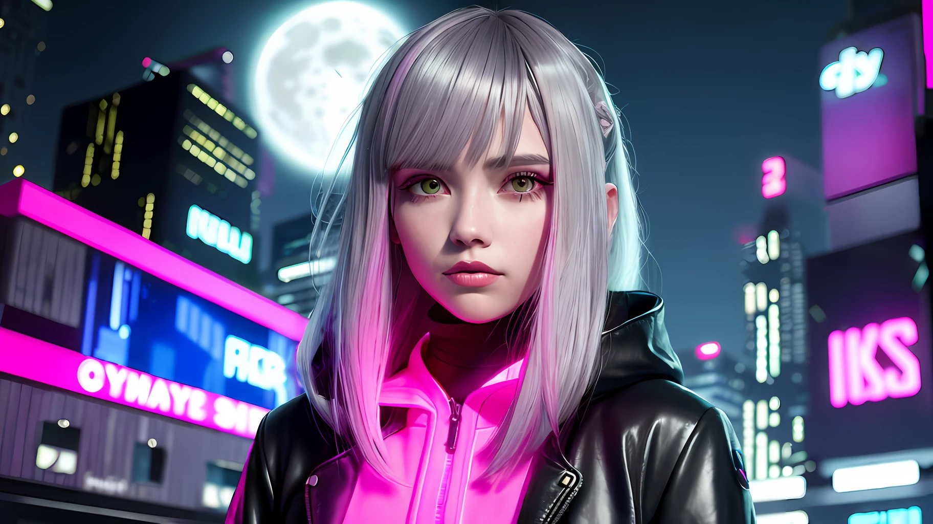 lucy \(cyberpunk\), 1girl, hair scrunchie, hime cut, silver hair, colored tips, full moon, grey eyes, jacket, long sleeves, looking at viewer, medium hair, multicolored hair, parted bangs, parted lips, pink hair, portrait, red eyeliner, red lips, solo, white jacket, cyberpunk \(series\), rainy night in a cyberpunk city with glowing neon lights
