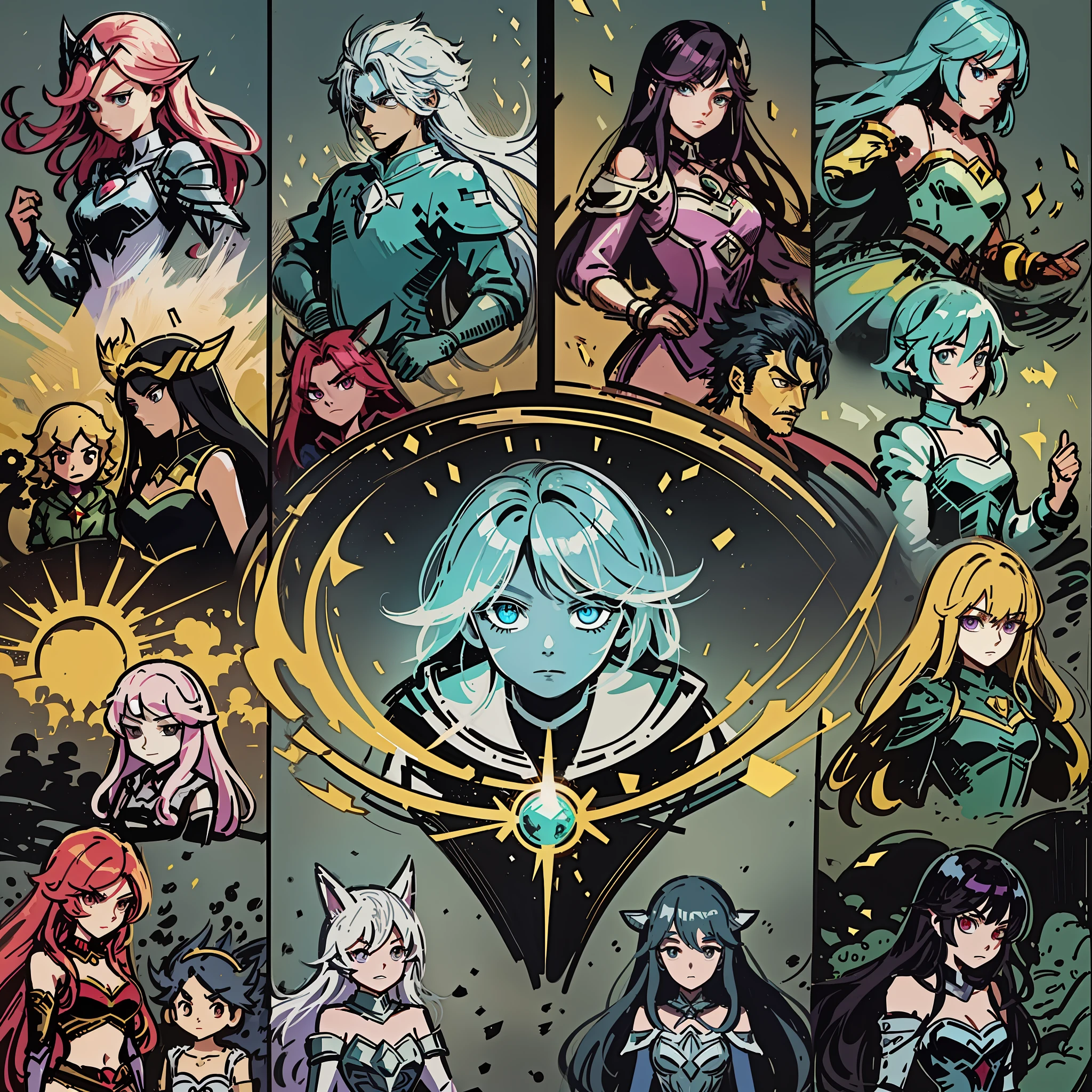 Master Picture Quality, flat illustration of a show, featuring characters from League of Legends, most of the heroes standing together for a group photo, in the style of Eiko Ojala, heroes in League of Legends, elegant brushstrokes, minimalism, kurt hutton, traditional animation, silver and black, figurative art with dreamy quality