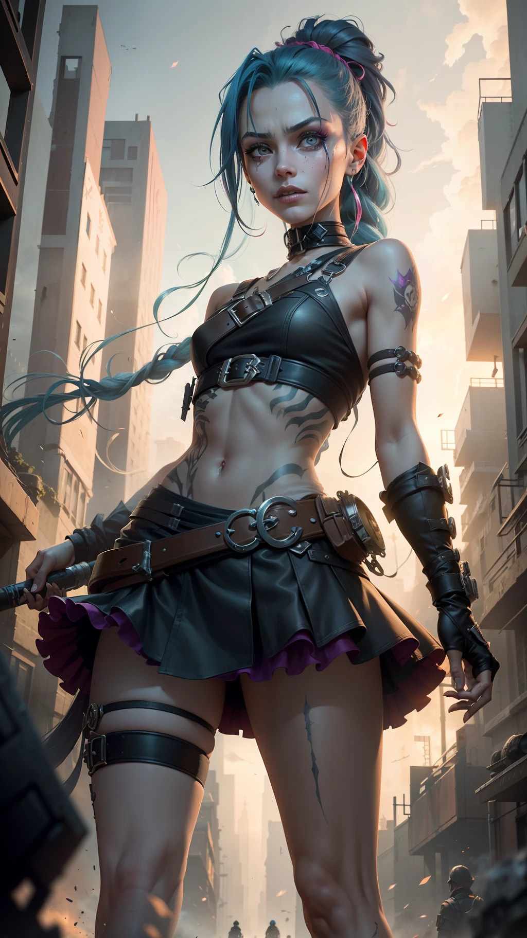 ((Best quality)), ((masterpiece)), (highly detailed:1.3), 3D, arcane style,In the dark and gritty dystopian city Piltover, plagued by violence and divided into two opposing factions, a young prodigy named Jinx emerges. Having endured unimaginable loss and abandonment, she has embraced a life of chaos and destruction. Known for her inventive and explosive abilities, Jinx becomes an icon of rebellion against the oppressive forces controlling the city. However, haunted by guilt and battling inner demons, she must confront her past and decide whether to continue down the path of anarchy or seek redemption amidst the turmoil. Explore the journey of Jinx as she navigates a treacherous world, fighting for survival, unraveling secrets, and discovering the true meaning of her twisted existencechaos reigns supreme, and at the heart of it all is Jinx, the embodiment of unpredictability. Delve deep into the twisted mind of Jinx, exploring the origins of her madness and the driving force behind her destructive nature. Unveil the moments that shaped her into the deranged and iconic character we know. Take us on a wild journey through the vibrant streets of Piltover and the grim underbelly of Zaun as Jinx wreaks havoc with her explosive arsenal. Can redemption ever find its way into Jinx's fractured soul? Or will she forever dance on the edge of sanity, embracing the chaos that fuels her very existence? The fate of Arcane hangs in the balance as Jinx's path intertwines with unlikely allies and formidable foes. Ignite your imagination and paint a vivid portrait of Jinx's twisted psyche, capturing the essence of her madness and the untamed spirit that defines her,HDR (High Dynamic Range),Ray Tracing,NVIDIA RTX,Super-Resolution,Unreal 5,Subsurface scattering,PBR Texturing,Post-processing,Anisotropic Filtering,Depth-of-field,Maximum clarity and sharpness,Multi-layered textures,Albedo and Specular maps,Surface shading,Accurate simulation of light-material interaction,Perfect proportion