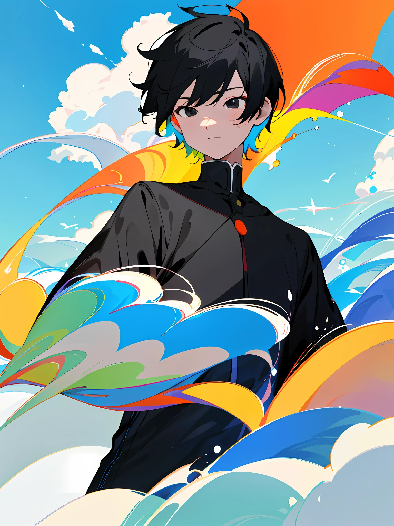 Make illustration poster, flat illustration, colorful, highly saturated, contour light, warm bright, colorful, HD 8K, colored light particles, heterochromatic, a boy, upper body, clear face, black hair, short hair, black eyes, by the sea, blue sky, white clouds, (color: 1.5), --v6