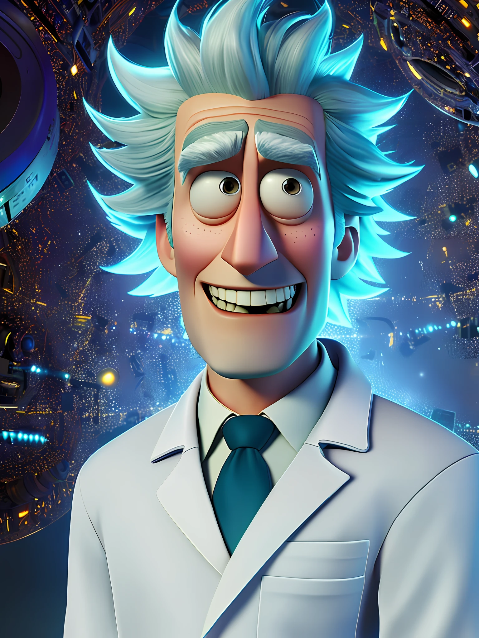 pixarstyle a waist-high portrait of the character Rick Sanchez from Rick and Morty in a white lab coat, smile, office, natural skin texture, 4k textures, hdr, intricate, highly detailed, sharp focus, cinematic visual, hyper-detailed