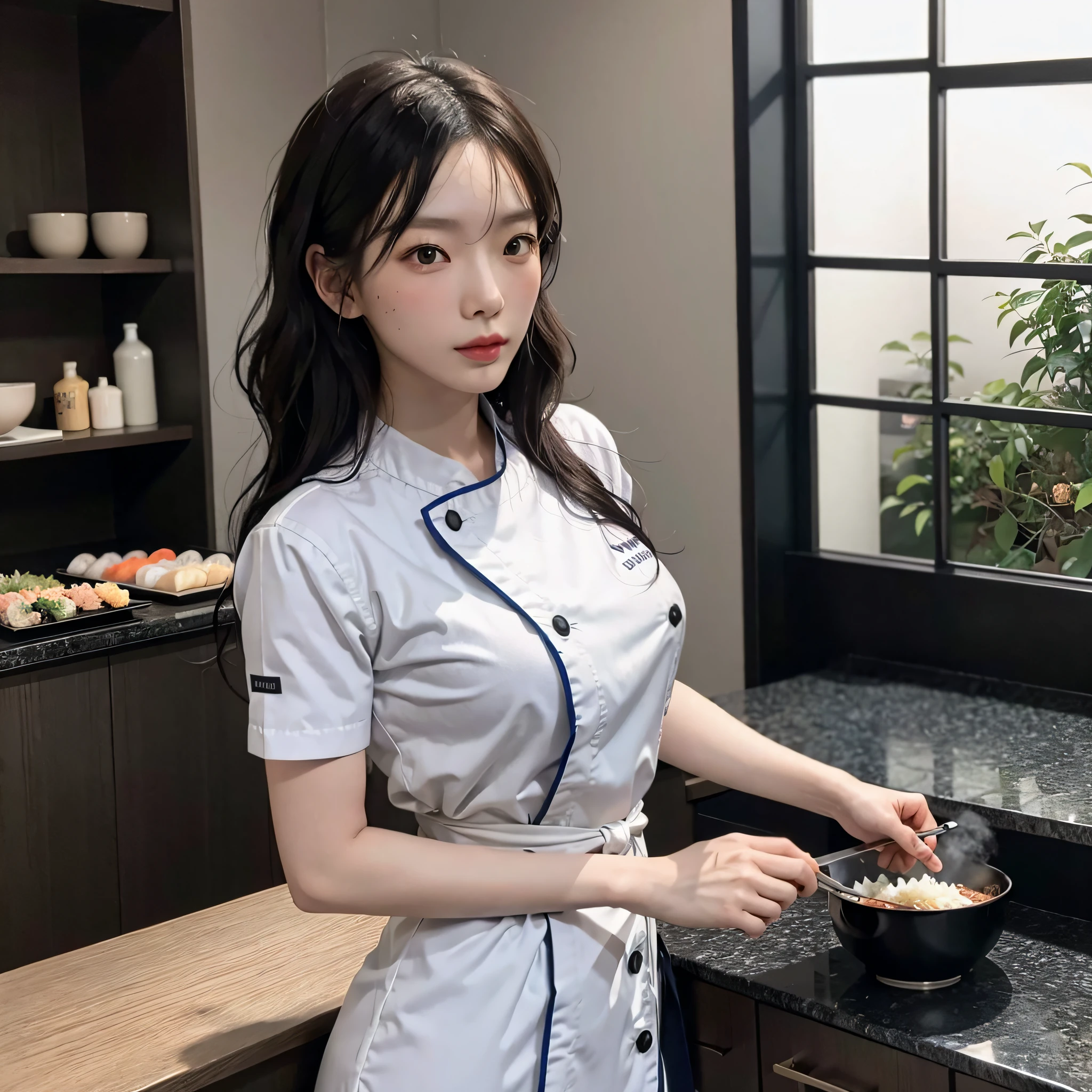 solo, japanese chef, chef, sushi chef, chef uniform, sushi bar, full body, slender abs, highly detailed face and skin texture, detailed eyes, large breast, sensual, black hair, wavy hair, cinematic lighting, depth of field, silhouette, reflection light, ray tracing, bokeh, Canon, cowboy shot, 8k, award winning, best quality, super detail, anatomically correct, masterpiece, UHD