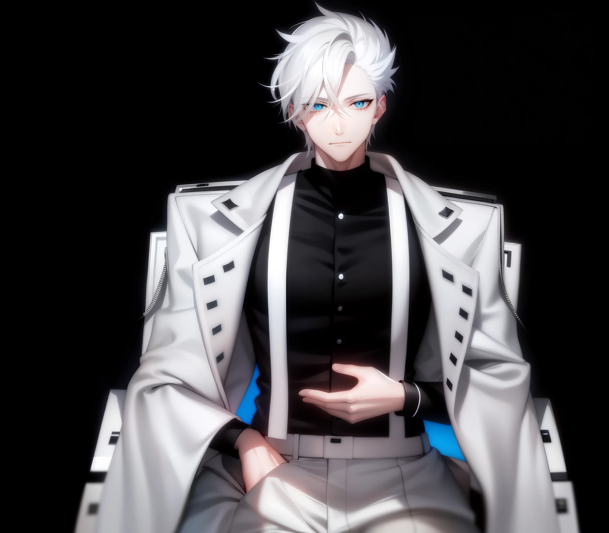 Anime man with white hair and black shirt sitting in chair, male anime character, white hair, white fox anime, he has dark gray hair, white hair, silver maniac, male anime style, Shigeri Sojima illustration, Nagito Komada, protagonist, trigger anime art style, tall anime guy with blue eyes, anime character, masterpiece, masterpiece, intricate detail portrayal, cinematic light, three-dimensional, delicate texture portrayal