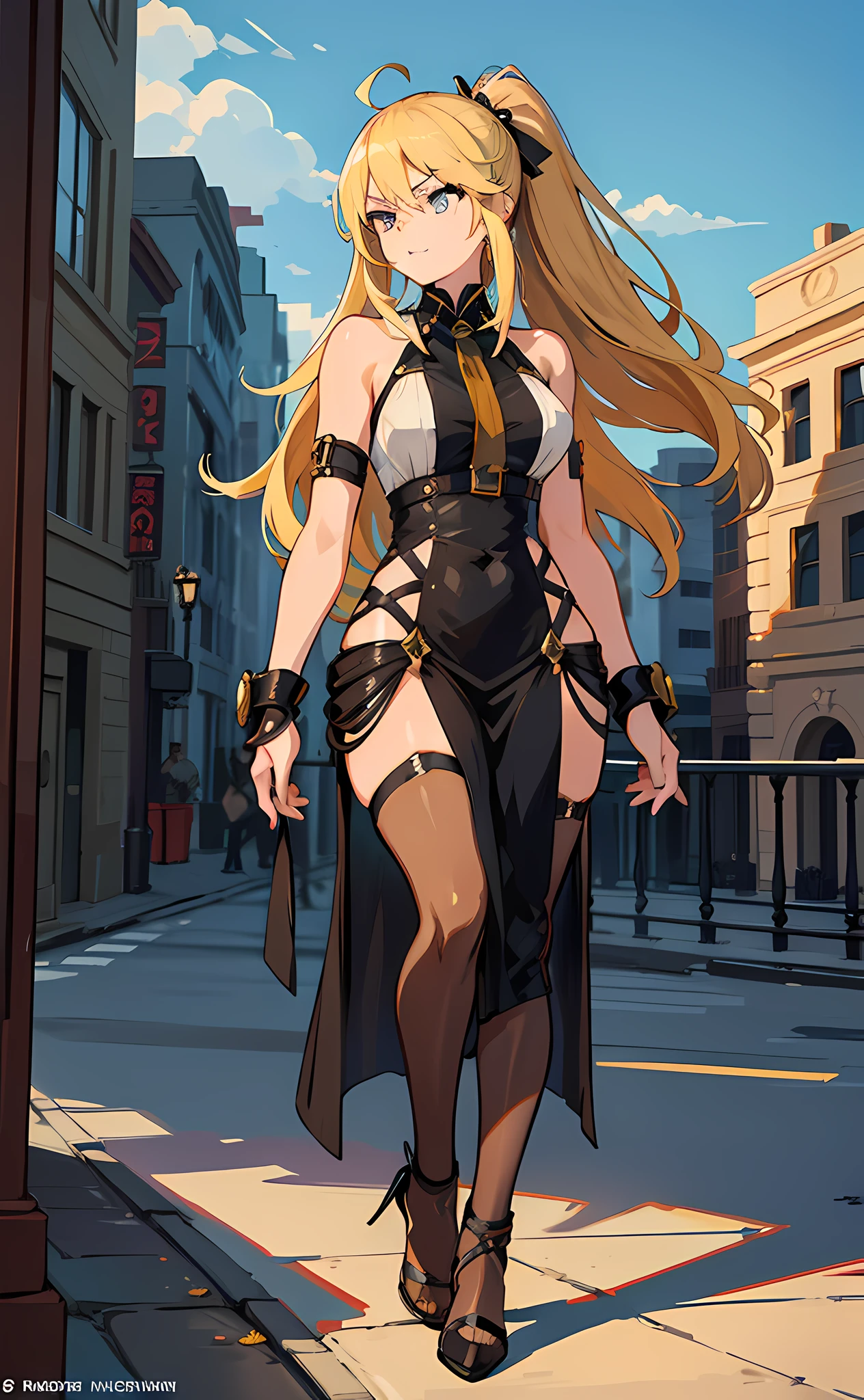 in Guilty Gear -Strive-style, in yusuke murata style, The model portrayed is a blonde woman with a captivating beauty and a magnetic presence. Her blonde hair falls in perfectly arranged waves, standing out for the light hue that lights up her face. Her eyes are deep and mesmerizing, of an intense shade of black, creating a fascinating contrast to her hair coloring.

His face is sculpted with delicate strokes, presenting a unique harmony. Her eyebrows are slightly arched, complementing her expressive eyes. Her smile is radiant and captivating, conveying an aura of confidence and elegance.

With a tall stature and a slender figure, she possesses a graceful posture and a striking presence in any environment. Her fashion style is versatile, allowing her to adapt to different looks and trends. She is able to bring life to the pieces she wears, adding sophistication and glamour to each photo shoot.

Her wardrobe reflects her modern and elegant personality. She can be seen wearing haute couture outfits, stunning dresses for gala events or casual attire with a fashion twist. Her versatility as a model allows her to move easily between different styles and concepts.

When posing for a photo shoot, she masters the art of expressing emotions through her poses and looks. His professionalism and skill in front of the cameras ensure that every image captured is captivating and memorable.

This blonde model with black eyes is a charming and inspiring figure, able to conquer everyone's attention with her striking beauty and presence.