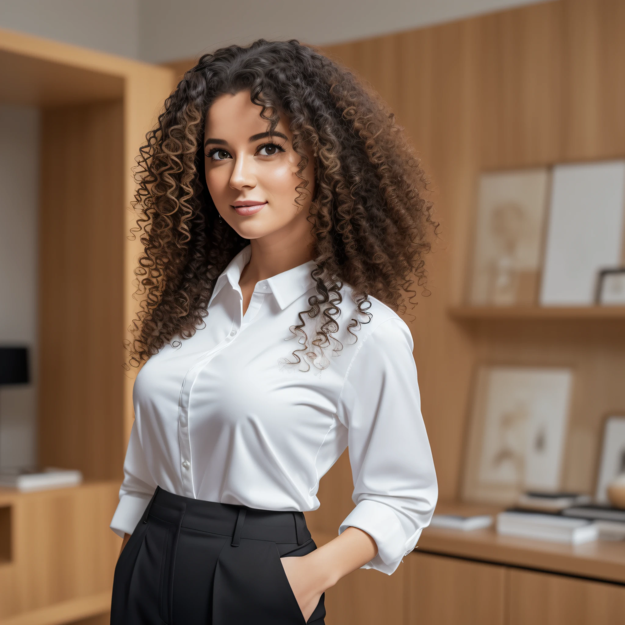 1 white woman((portrait of upper body image, expression of joy, white skin, dressed in office clothes, with long black social pants and white social shirt, standing) with long curly hair, black hair, her face framed with curls, curly hair, curly hair and oriental eyes black eyes, oriental eyes, oriental eyes masterpiece, best quality, ultra-detailed, solo, in the living room, (day), (warm hue, cool tone: 1.2) cinematic light, ultra high resolution, RAW
