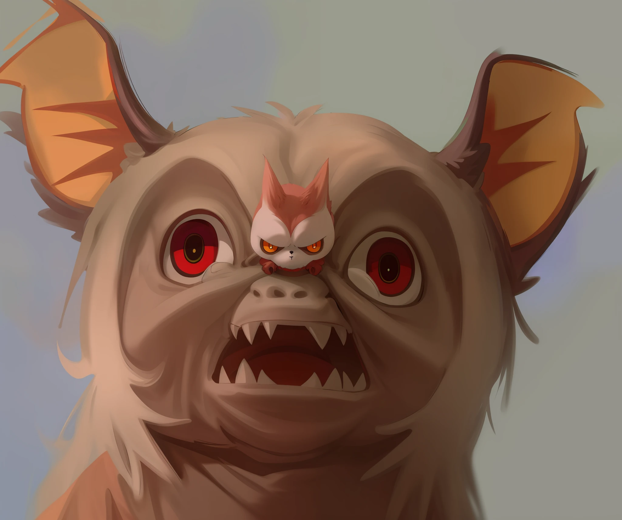 a closeup of a stuffed animal with a toothy look on its face, the gremlins are very tall damned, chiropter's head, cursed images, is evil gremlin, chiropter's nose, a demon - as a creature, a demon-like creature, a creature, gremlin, four faces in one creature, bat head, cursed image, ugly monster, eared, rabbit, ugly