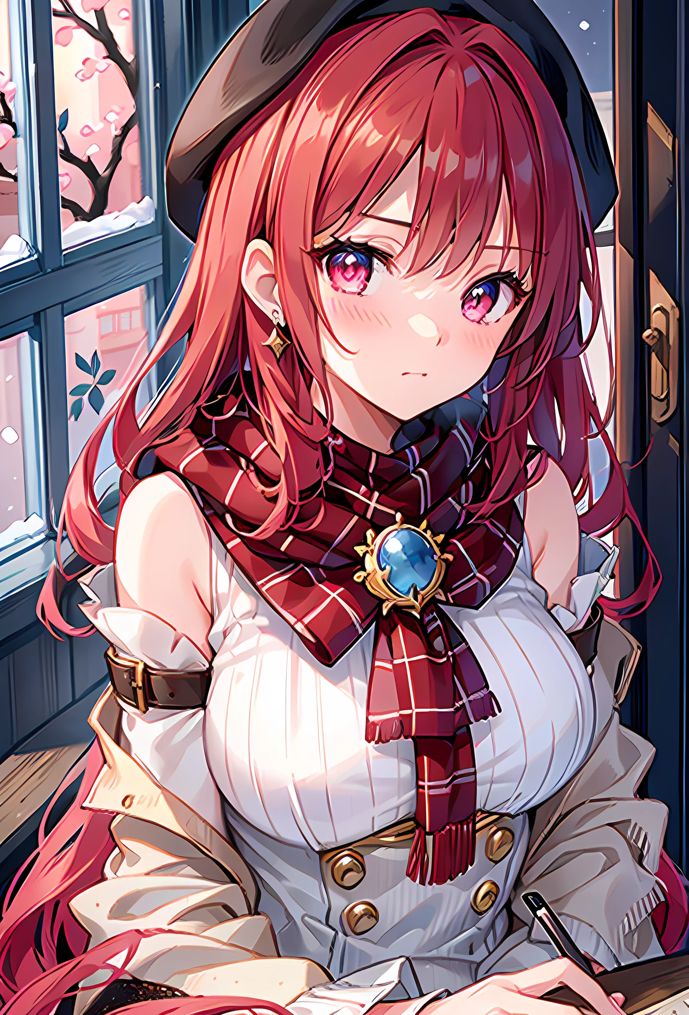 {{{{masterpiece, realistic, extremely detailed, intricate details, sharp focus, 8K, highres, depth of field, absurdres, high quality facial shadowing, dynamic shadowing, cinematic lighting, perfect lighting}}}}, best quality, asian qualities, {facing viewer}, {front view}, {hands behind back}, {solo}, beautiful young girl, {{{extremely detailed girl, perfect anatomy, perfect body, {glowing skin}}}}, {{{beautiful-detailed vibrant ruby red angle halo}}}, {{{beautiful-detailed luscious hip-length vibrant dark brown to ruby red hair}}}, {{{luscious multi-layered hair}}}, {beautiful-detailed facial structure}, {detailed beautiful face}, {detailed face:1.33}, {{cute face}}, {{sexy face}}, {{beautiful-detailed eyes}}, big eyes, {{{{detailed glowing ruby red eyes}}}}, {{{{high-detailed sharp clear unclouded vibrant white eye pupils}}}}, {{{{vibrant eye colors}}}}, {{detailed small boobs}}, {{breast apart}}, {{slim arms}}, {{{{beautiful-detailed fingers}}}}, {{slim waist}}, {{slim legs}}, {detailed facial expressions}, {{visible blushing}}, {{tsundere}}, {{flustered expression}} {{slightly opened mouth}}, fashion, dating outfit, {{{beautiful-detailed dark-brown beret}}}, {{vibrant-colored scarf}}, {{{beautiful-detailed blood red scarf}}}, {{{beautiful-detailed fluffy beige knitted cashmere sweater}}}, {{{beautiful-detailed red and brown checkered scarf}}}, {{{{beautiful-detailed white knee-warmer socks}}}}, {{{detailed dark-brown fluffy boots}}}, {{sitting on a bench next to a window on a snowy evening}}, {{{enhanced background}}}, {{moonlight shining through the window on a cold dark night}}
