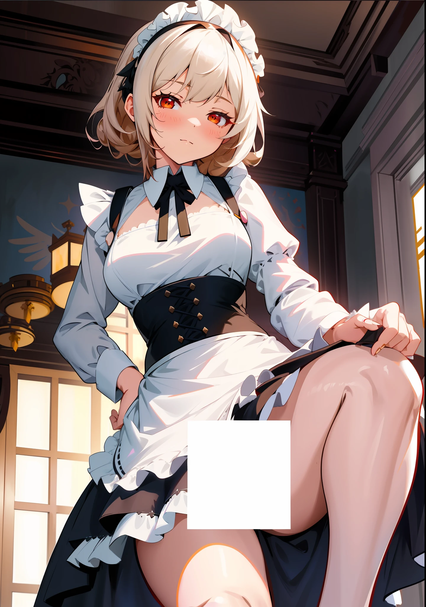 there is a woman in a maid outfit sitting on a chair, in dress, anime girl in a maid costume, gorgeous maid, fine details. girls frontline, maid outfit, small curvy lolishart krenz key art feminine, cute anime waifu in a nice dress, from girls frontline, guweiz on pixiv artstation