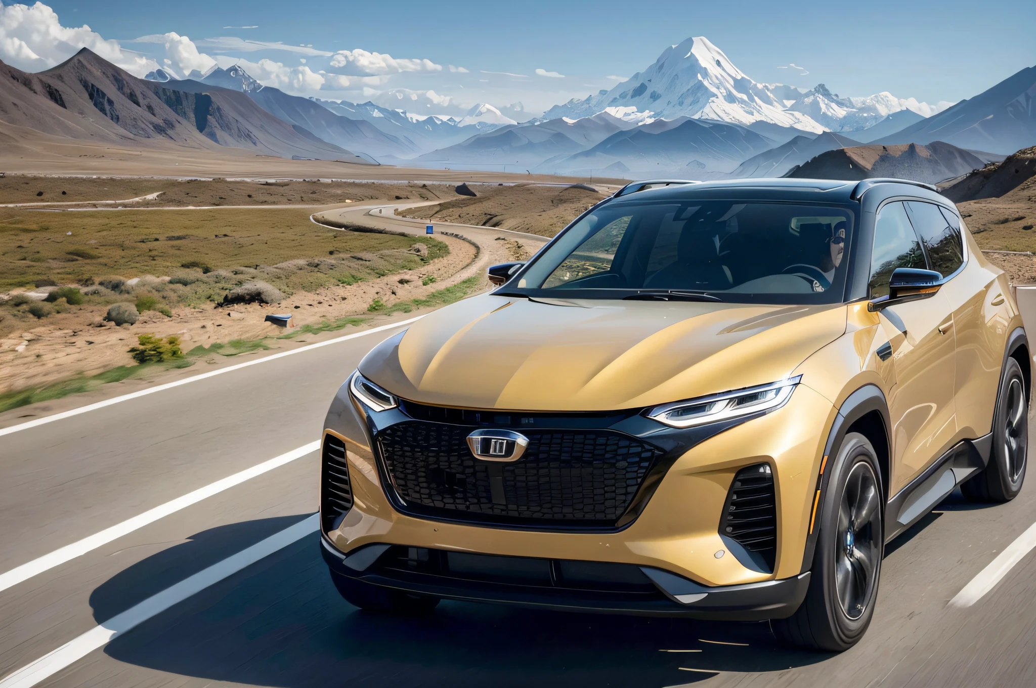 ray tracing, UHD, high quality, high detail, best quality, high resolution, 8k, a cool SUV, surrealism, electric car concept elements, noon, Tibetan plateau, motion blur, ultra wide angle, Eye-Level Shot.
