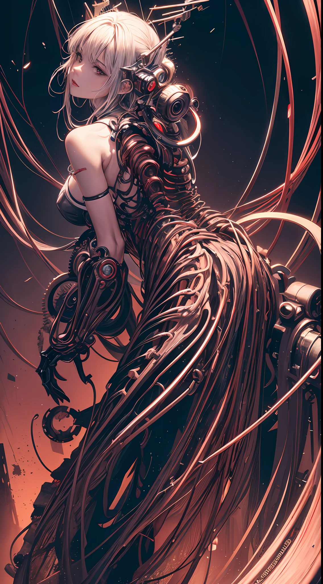 (((Masterpiece))), ((Best Quality)), (Super Detail), (CG Illustration), (Very Evil and Beautiful)), Cinematic Light, ((1 Mechanical Girl)), Single, (Mechanical Art: 1.4), ((Mechanical limb)), (Blood vessel attached to a tube), ((Mechanical spine attached to the back)), ((Mechanical cervical vertebrae attached to the neck), (Back to the viewer)), expressionless, ( Wires and cables attached to the head and body: 1.5), Science Fiction, Apocalypse, Ruins, (Lower Body Integrated with Mechanical Devices), (Blood: 1.5), Cruelty, Absurdity, , Fusion with Machines, Doomsday Time, Super Future, Inorganic, Laboratory, Restraint, (Beautiful Indulgence: 1.2), (1 Girl: 1.3), Body Wrapped Around Mechanical Tentacles