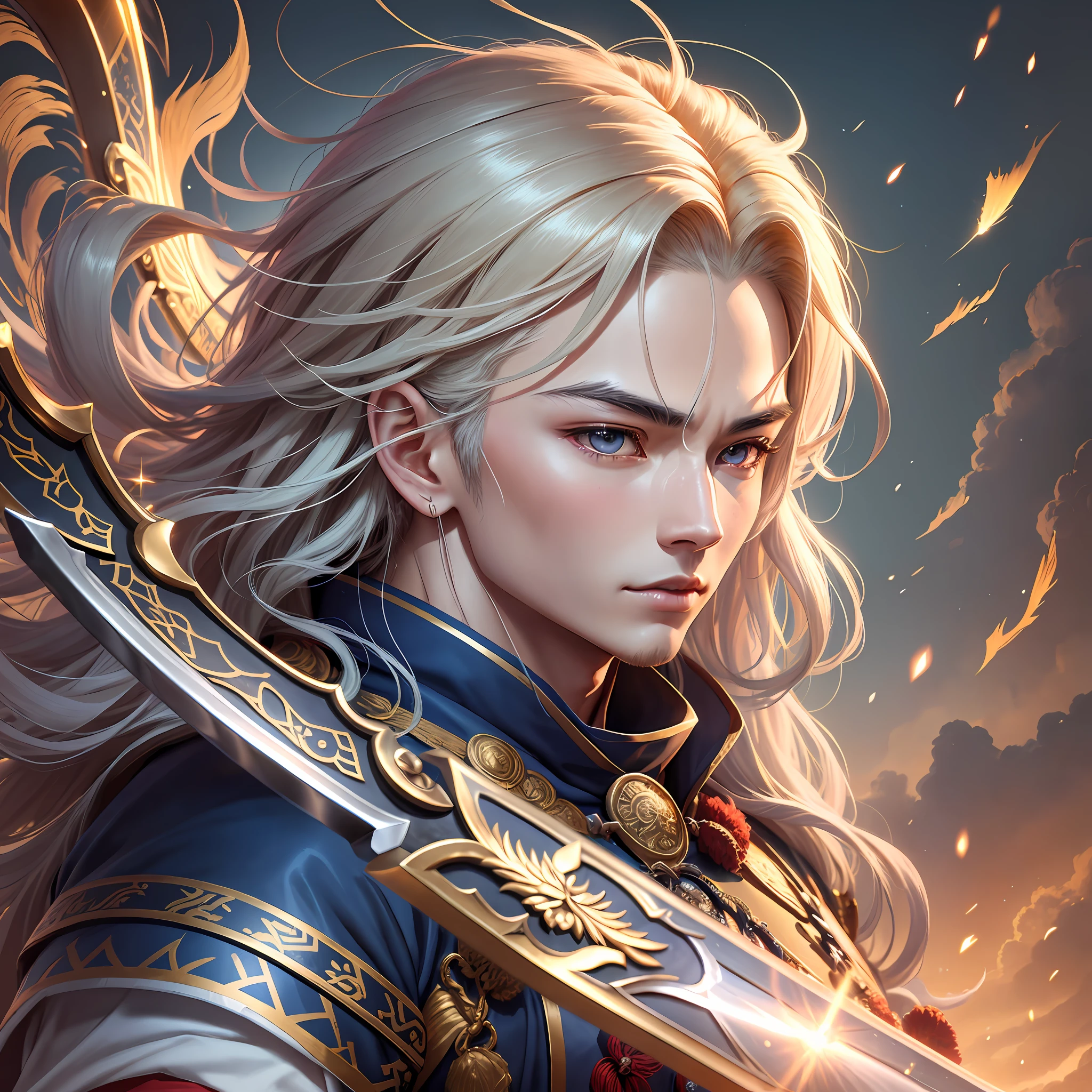 Chinese mythology, male, Yang Jian, Zhao Yun, heavenly soldier, divine weapon, ancient martial general, long knife, three-pointed two-edged knife, Fang Tian painted a halberd, god, ribbon, clouds, glow, golden light, charm, puppy, hair, shiny hair, forehead mark, eye reflection, gradient eyes, gradient_eyes, pupil sparkle, serious, high detail, anime, god ray, sparkle, cinematic lighting, tachi-e, close up, UHD, masterpiece, ccurate, anatomically correct, textured skin, super detail, high detail, high quality, high quality, award-winning, best quality, high resolution, cowboy shot