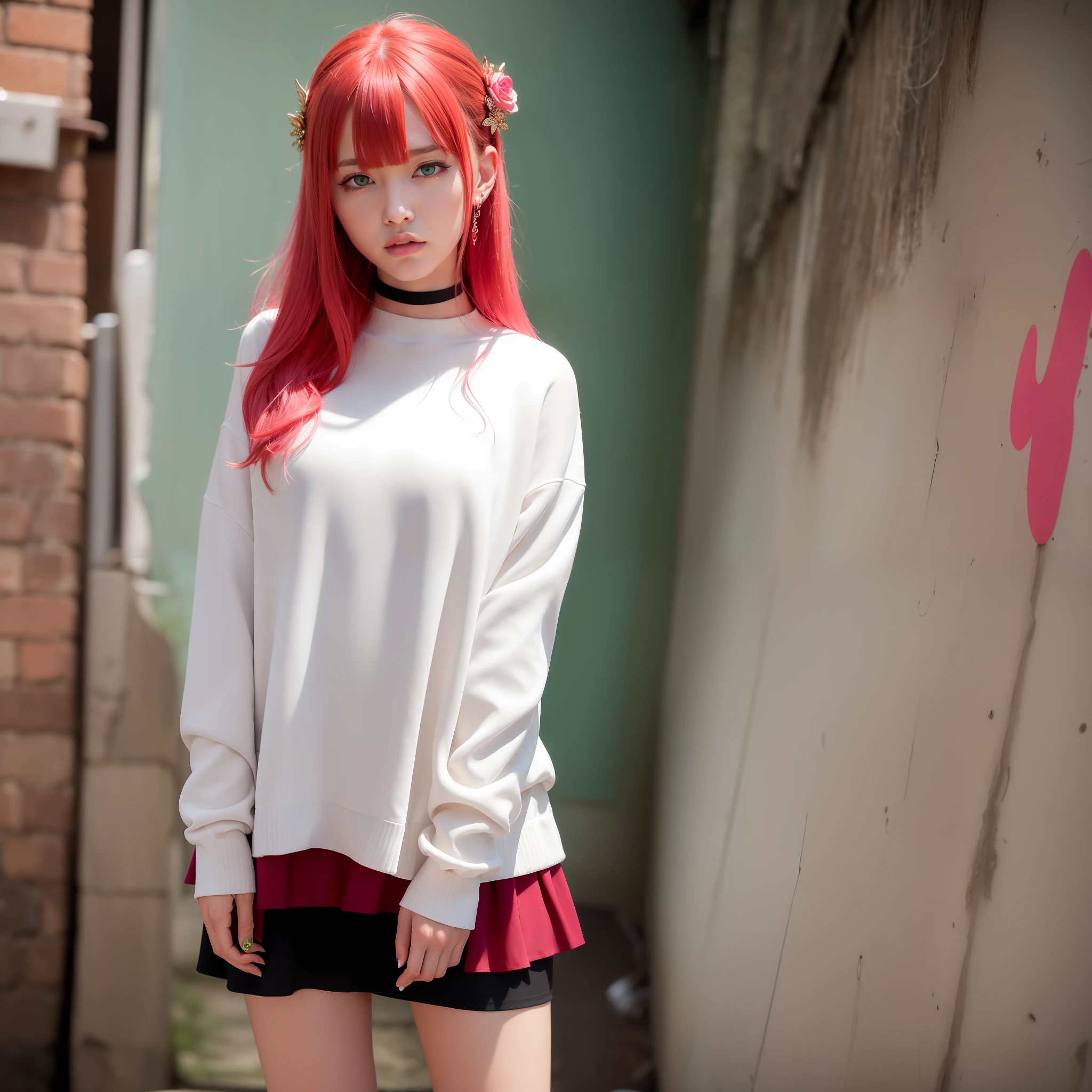 (masterpiece, best quality, 1girl, solo, intricate details, chromatic aberration), realistic, ((medium breath)),long hair, pink hair, (hair ornament:1.35), red head ornament, red highlights, hair over one eye, green eyes, sharp eyes, choker, neon shirt, torn legwear, turtleneck sweater, against wall, brick wall, graffiti, dim lighting, alley ,look at viewer,