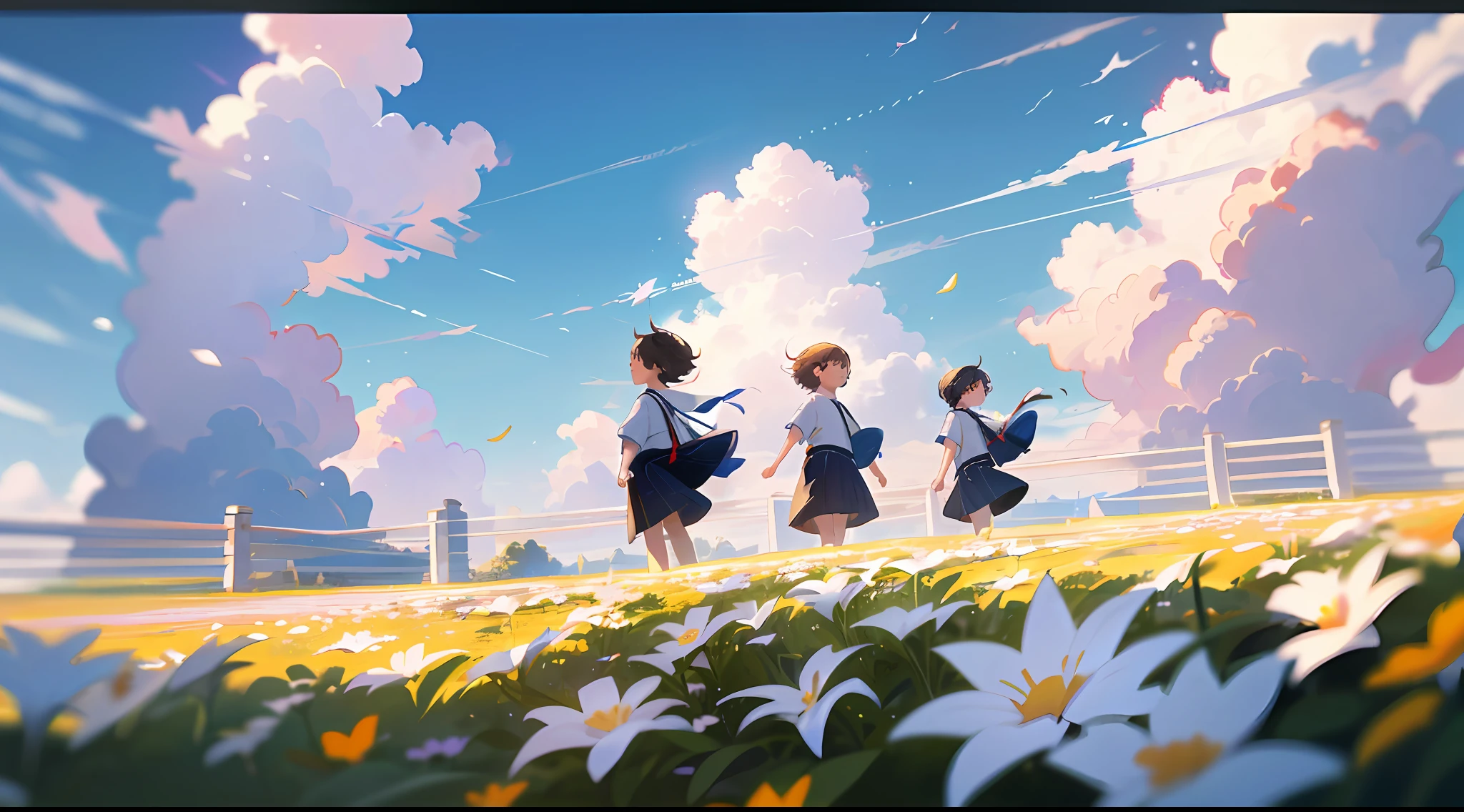 Vista, Panorama, Full Body Shot, Full Body Portrait, Perspective, Depth of Field, Cinematic Angle, Masterpiece, Best Quality, Ultra Detail, CG, 8K Wallpaper, Beautiful Face, Delicate Eyes, Young Boys and Girls, Laughter, On the Way to School, Blue Sky and White Clouds, Flowers