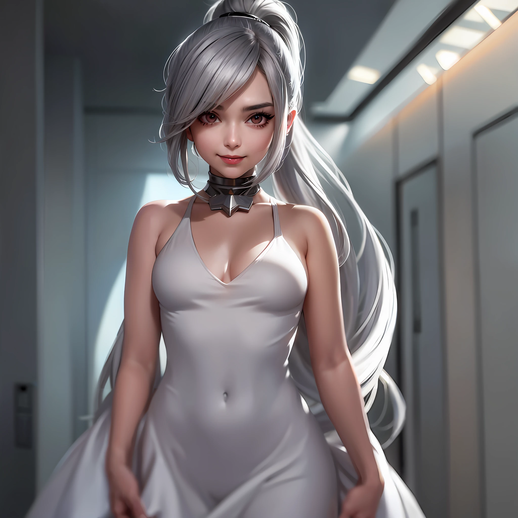 ((grey hair)), high ponytail,,heavy makeup, cute, technological sense,8k, best quality, masterpiece, illustration, an extremely delicate and beautiful, extremely detailed ,CG ,unity ,wallpaper, Amazing, finely detail, masterpiece,best quality,official art, extremely detailed CG unity 8k wallpaper,((smile)),tomboy,((Big eyes)),((perfect eyes)),highly detailed, sharp focus,rich background,, looking at viewer, breasts, blurry background, small breasts, bangs, bare shoulders, white dress, dress, realistic, in the cyberpunk city, strong rim light, in summer,