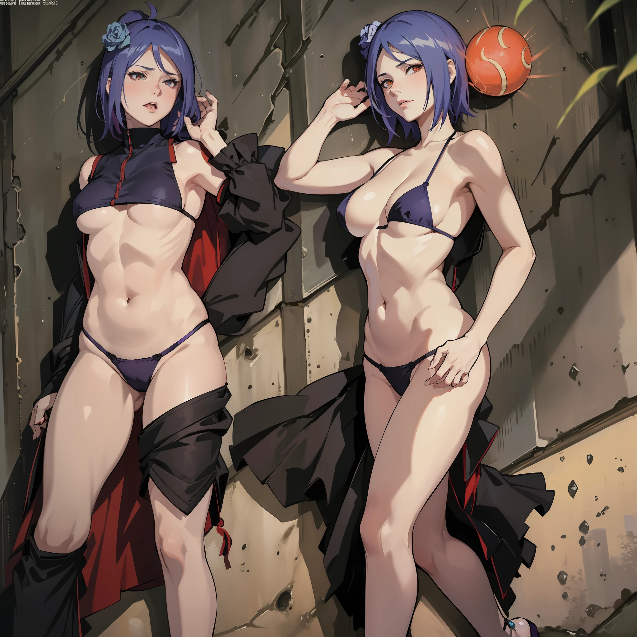 Best quality, masterpiece, highly detailed, more realistic, high definition, Konan Naruto, orange eyes,akatsuki bikini,mature star, realistic breasts, beautiful body, bikini akatsuki big breasts, big ass, short purple hair, woman dancing in the forest, forest in ancient russia, night,lingerie, historical site, antique dress, seduction, make an erotic face, make an erotic face, moonless night,  moonless night, blood moon, too little light, too dark, too dark, no light, fog