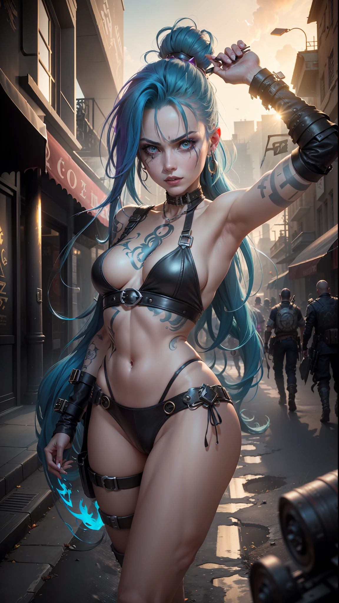 ((Best quality)), ((masterpiece)), (highly detailed:1.3), 3D, arcane style,In the dark and gritty dystopian city Piltover, plagued by violence and divided into two opposing factions, a young prodigy named Jinx emerges. Having endured unimaginable loss and abandonment, she has embraced a life of chaos and destruction. Known for her inventive and explosive abilities, Jinx becomes an icon of rebellion against the oppressive forces controlling the city. However, haunted by guilt and battling inner demons, she must confront her past and decide whether to continue down the path of anarchy or seek redemption amidst the turmoil. Explore the journey of Jinx as she navigates a treacherous world, fighting for survival, unraveling secrets, and discovering the true meaning of her twisted existencechaos reigns supreme, and at the heart of it all is Jinx, the embodiment of unpredictability. Delve deep into the twisted mind of Jinx, exploring the origins of her madness and the driving force behind her destructive nature. Unveil the moments that shaped her into the deranged and iconic character we know. Take us on a wild journey through the vibrant streets of Piltover and the grim underbelly of Zaun as Jinx wreaks havoc with her explosive arsenal. Can redemption ever find its way into Jinx's fractured soul? Or will she forever dance on the edge of sanity, embracing the chaos that fuels her very existence? The fate of Arcane hangs in the balance as Jinx's path intertwines with unlikely allies and formidable foes. Ignite your imagination and paint a vivid portrait of Jinx's twisted psyche, capturing the essence of her madness and the untamed spirit that defines her,HDR (High Dynamic Range),Ray Tracing,NVIDIA RTX,Super-Resolution,Unreal 5,Subsurface scattering,PBR Texturing,Post-processing,Anisotropic Filtering,Depth-of-field,Maximum clarity and sharpness,Multi-layered textures,Albedo and Specular maps,Surface shading,Accurate simulation of light-material interaction,Perfect proportion