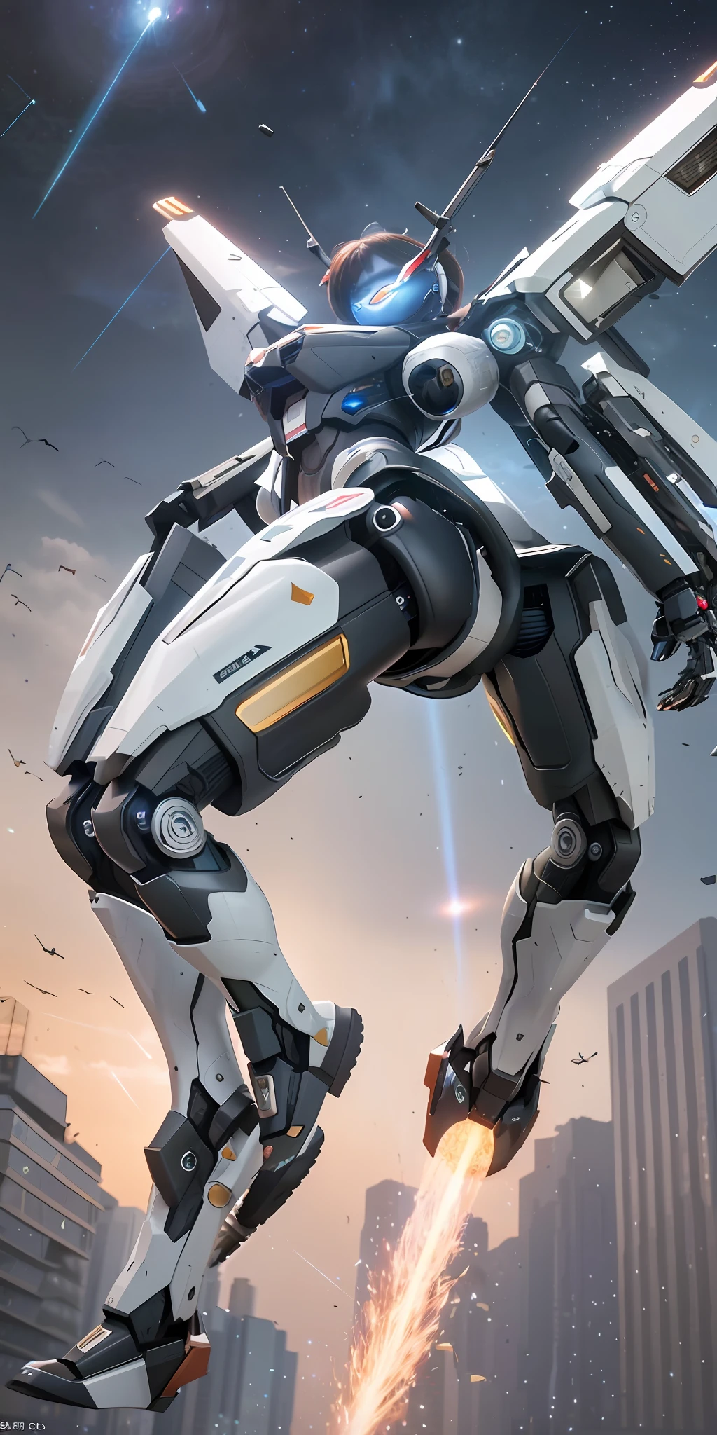 ((Best quality)), ((masterpiece)), (highly detailed:1.3), 3D, beautiful, (cyberpunk:1.2), in space, nebula, holding_weapon, (1Female mecha:1.3), facing the viewer, glowing eyes, full body, (flying, swooping down, dynamic, motion blur: 1.4), (huge mecha wings: 1.6), looking up, glowing_eyes, mecha, panorama, background is earth, nebula, space, particles, reality, HDR (High Dynamic Range), Ray Tracing, NVIDIA RTX, Super Resolution, Unreal 5, Subsurface Scattering, PBR Texturing, Post Processing, Anisotropic Filtering, Depth of Field, Maximum Clarity and Clarity, Multilayer Textures, Albedo and Specular map, Surface shading, accurate simulation of light-material interaction, perfect proportion, Octane Render, two-tone lighting, large aperture, low ISO, white balance, rule of thirds, 8K RAW, efficient sub-pixel, sub-pixel convolution,