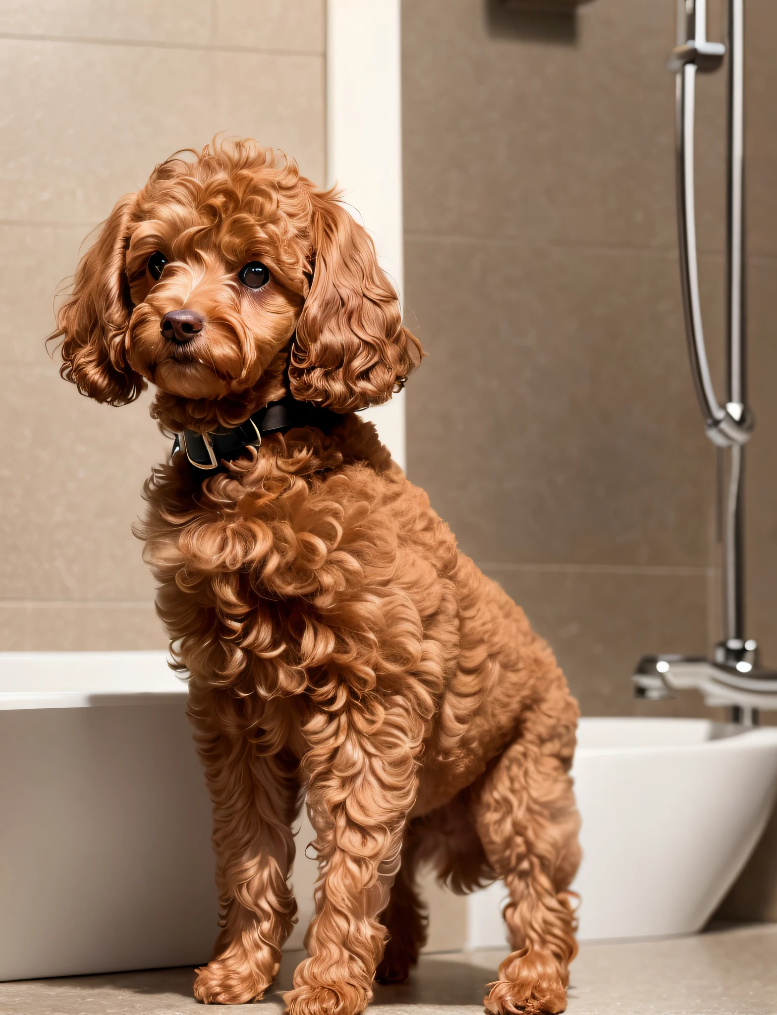 In the bathroom, bathing, brown toy poodle, small dog, small puppy, sad, faceless, droopy corners of mouth, standing posture, 8k, professional photo, delicate, clear, sunny, light leakage, masterpiece, (((cute)))), (realistic))))