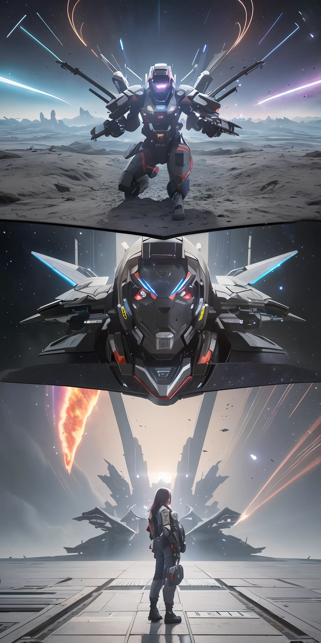 ((Best quality)), ((masterpiece)), (highly detailed:1.3), 3D, beautiful, (cyberpunk:1.2), in space, nebula, holding_weapon, (1Female mecha:1.3), facing the viewer, glowing eyes, full body, (flying, swooping down, dynamic, motion blur: 1.4), (huge mecha wings: 1.6), looking up, glowing_eyes, mecha, panorama, background is earth, nebula, space, particles, reality, HDR (High Dynamic Range), Ray Tracing, NVIDIA RTX, Super Resolution, Unreal 5, Subsurface Scattering, PBR Texturing, Post Processing, Anisotropic Filtering, Depth of Field, Maximum Clarity and Clarity, Multilayer Textures, Albedo and Specular map, Surface shading, accurate simulation of light-material interaction, perfect proportion, Octane Render, two-tone lighting, large aperture, low ISO, white balance, rule of thirds, 8K RAW, efficient sub-pixel, sub-pixel convolution,