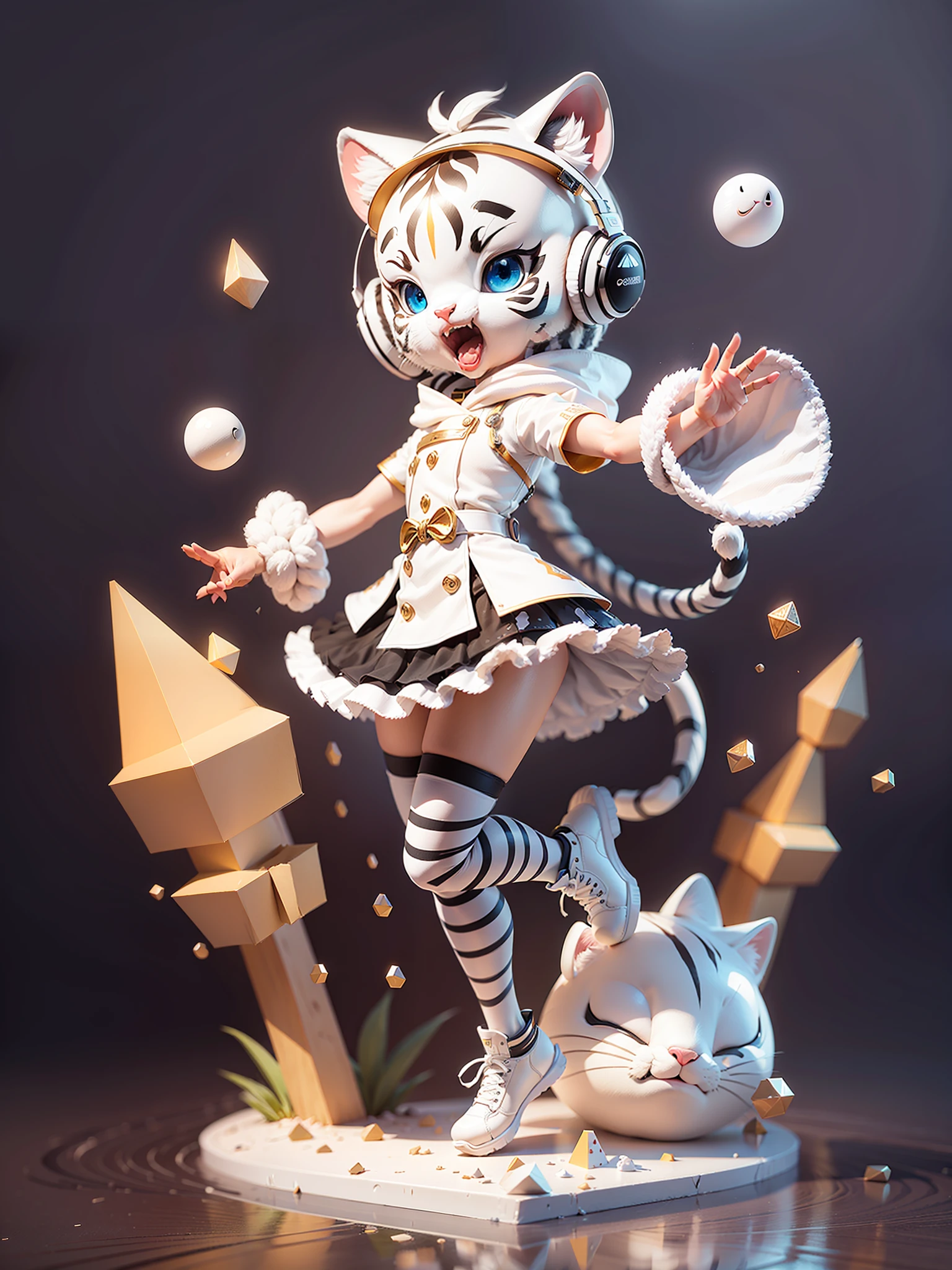 (Masterpiece), (Excellent), (Ultra Detailed), (Full Body: 1.2), (Solitary), White Theme, White Tiger Magician, Cute, Open Mouth, Headphones, Tiger Stripe, Popmart Blind Box, Clay Texture, Stepping on Earth, Black and White Background, Natural Light, Best Quality, Ultra Detail, 3D Art, C4D, OC Renderer, 3D Rendering, 8k
