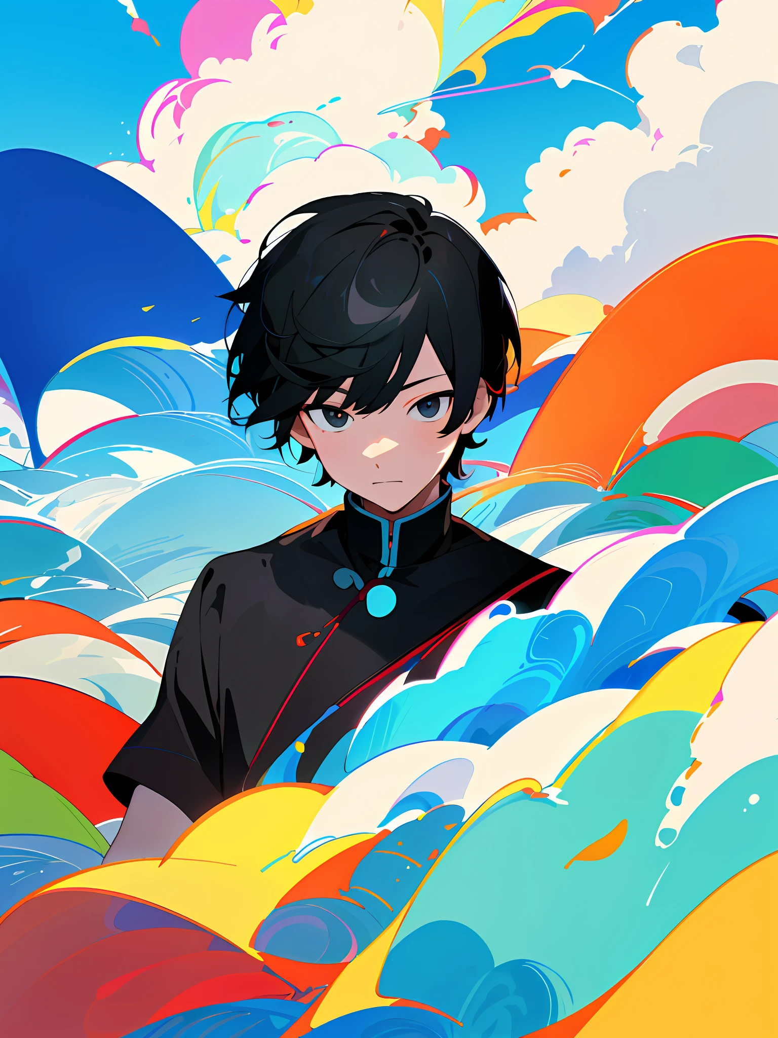 Make illustration poster, flat illustration, colorful, highly saturated, contour light, warm bright, colorful, HD 8K, colored light particles, heterochromatic, a boy, upper body, clear face, black hair, short hair, black eyes, by the sea, blue sky, white clouds, (color: 1.5), --v6