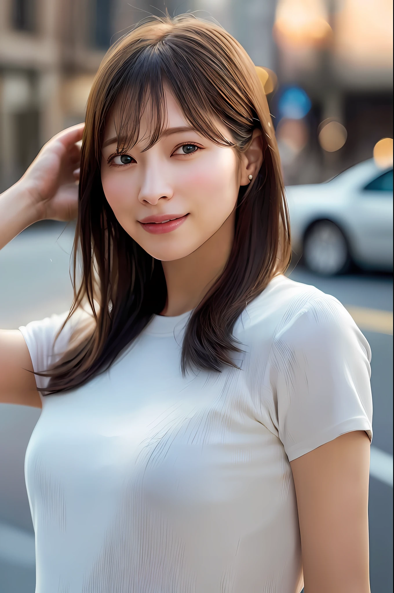 dressed, (photo realistic:1.4), (hyper realistic:1.4), (realistic:1.3),
(smoother lighting:1.05), (increase cinematic lighting quality:0.9), 32K,
1girl,20yo girl, realistic lighting, backlighting, light on face, ray trace, (brightening light:1.2), (Increase quality:1.4),
(best quality real texture skin:1.4), finely detailed eyes, finely detailed face,
(tired and sleepy and joy), (laugh), face closeup, t-shirts,
(Increase body line mood:1.1), (Increase skin texture beauty:1.1)
