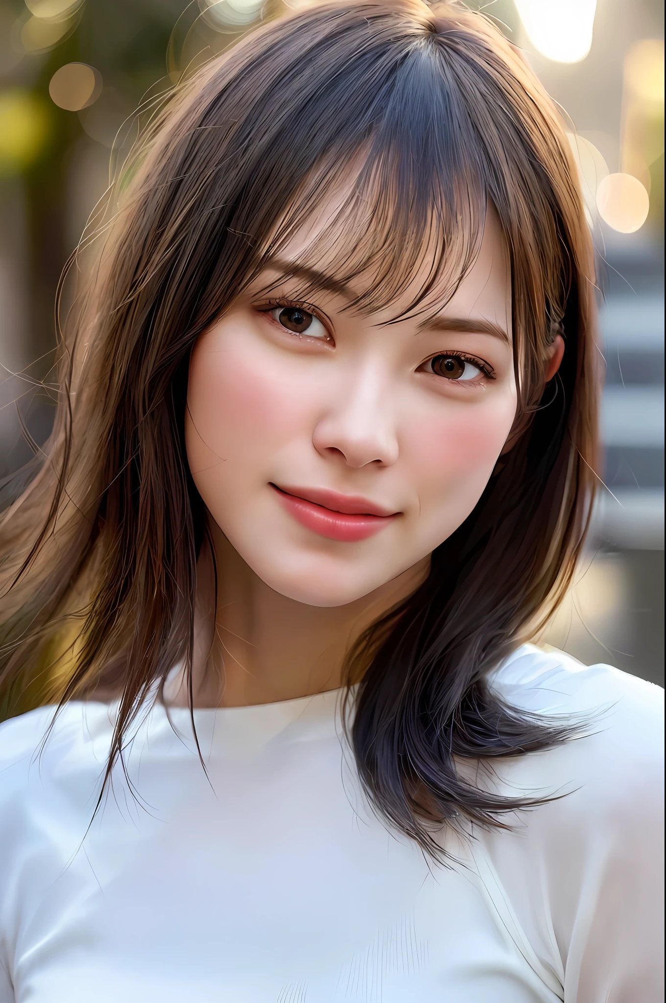 dressed, (photo realistic:1.4), (hyper realistic:1.4), (realistic:1.3),
(smoother lighting:1.05), (increase cinematic lighting quality:0.9), 32K,
1girl,20yo girl, realistic lighting, backlighting, light on face, ray trace, (brightening light:1.2), (Increase quality:1.4),
(best quality real texture skin:1.4), finely detailed eyes, finely detailed face,
(tired and sleepy and joy), (laugh), face closeup, t-shirts,
(Increase body line mood:1.1), (Increase skin texture beauty:1.1)