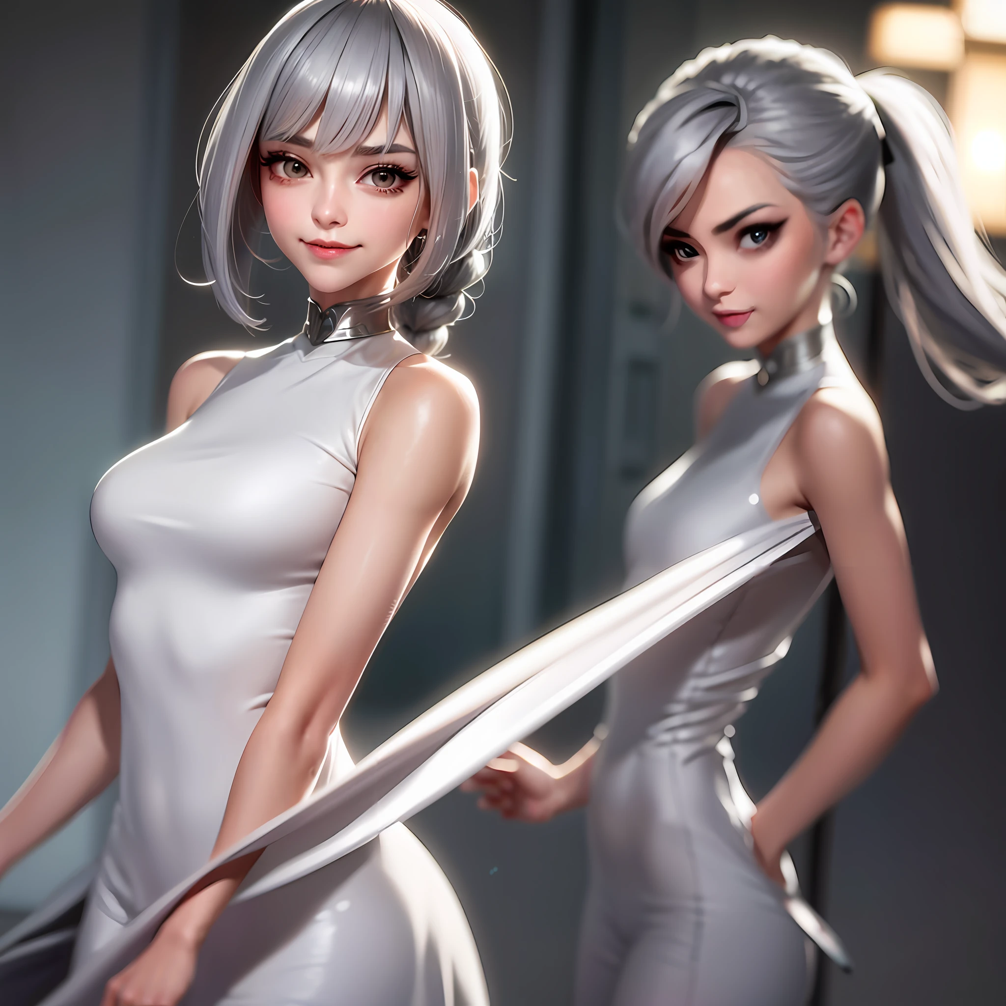 ((grey hair)), high ponytail,,heavy makeup, cute, technological sense,8k, best quality, masterpiece, illustration, an extremely delicate and beautiful, extremely detailed ,CG ,unity ,wallpaper, Amazing, finely detail, masterpiece,best quality,official art, extremely detailed CG unity 8k wallpaper,((smile)),tomboy,((Big eyes)),((perfect eyes)),highly detailed, sharp focus,rich background,, looking at viewer, breasts, blurry background, small breasts, bangs, bare shoulders, white dress, dress, realistic, in the cyberpunk city, strong rim light, in summer,