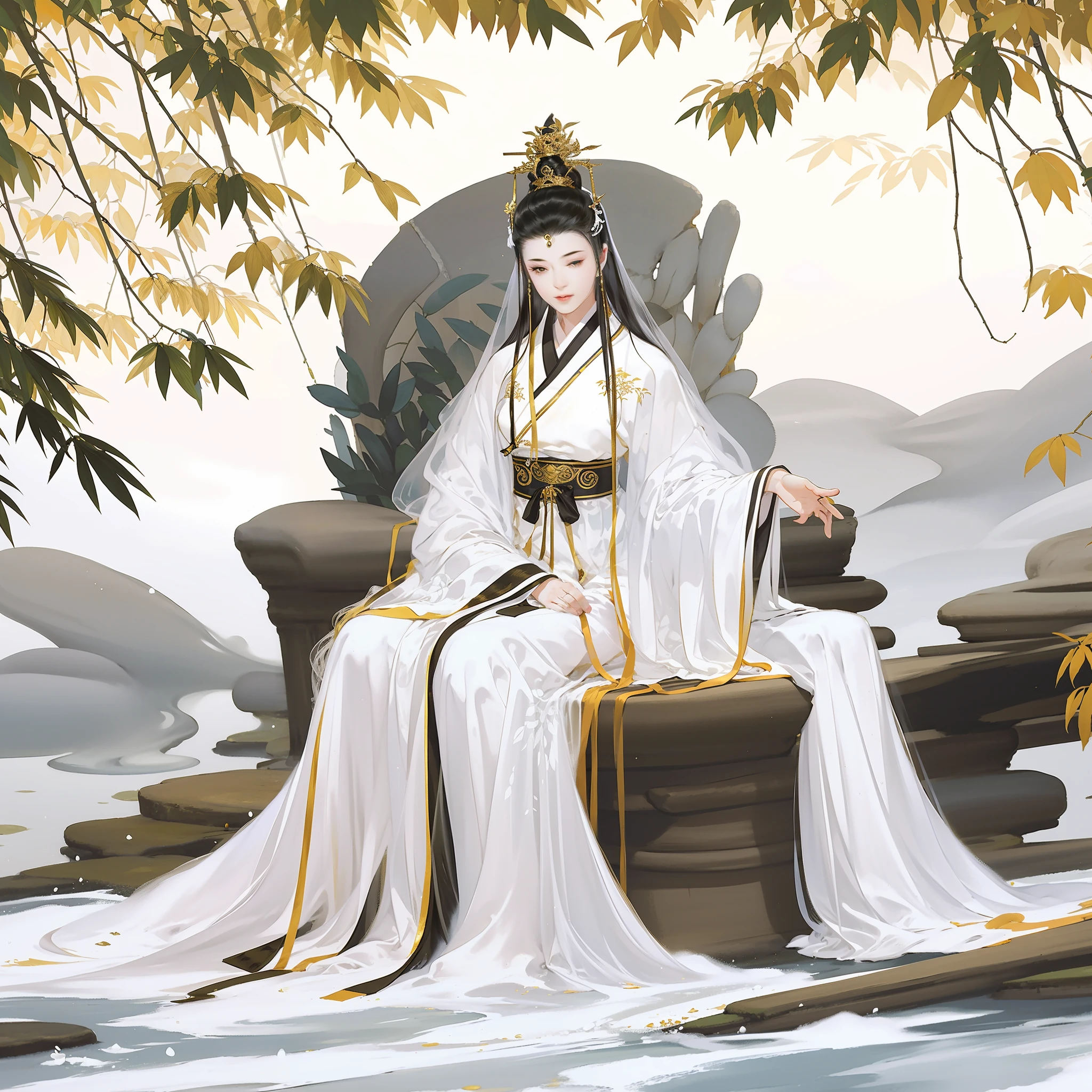 An ancient Chinese girl, sitting on a lotus-shaped throne, full body portrait, eyes closed, red mole on the eyebrows, clear facial features, (crown veil, golden light on the head, flowing white Hanfu, body surrounded by white mist, behind the bamboo forest), film edge light, delicate light, masterpiece, super detailed, epic composition, super HD, high quality, highest quality, 32k