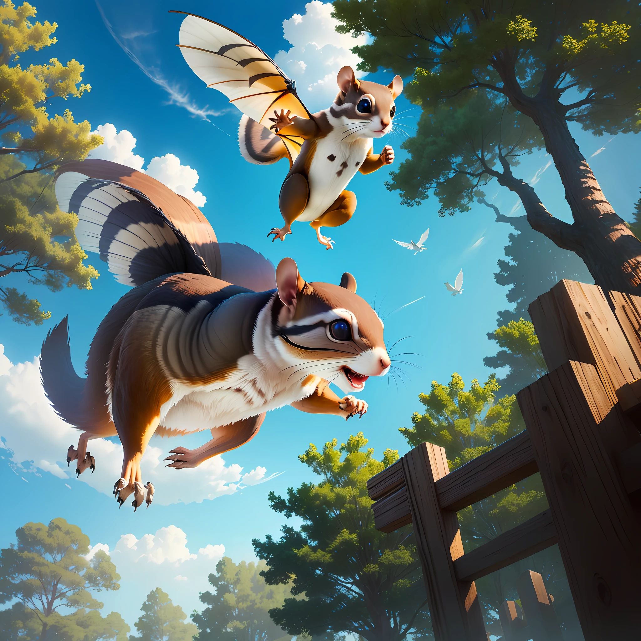 Flying squirrel, muscular build, trees, blue sky, clouds, concept art, 8k