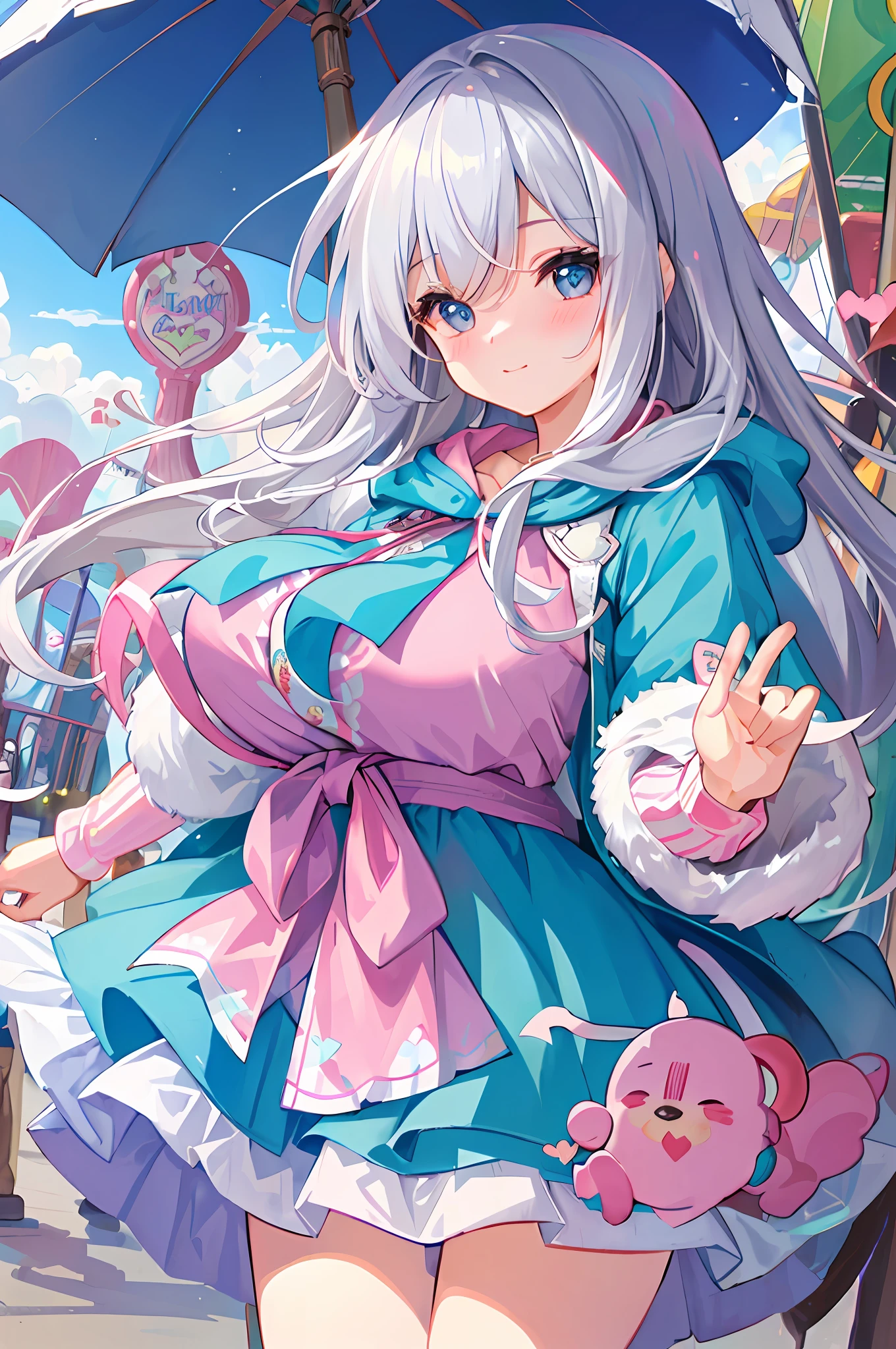 (((Masterpiece))), top quality, super detailed, blush, cute and playful, amusement park, cute hoodies, pastel clothes, ribbons, cheerful, silver hair, fluffy hairstyle, huge, heart-emitting eyes, sweet look.