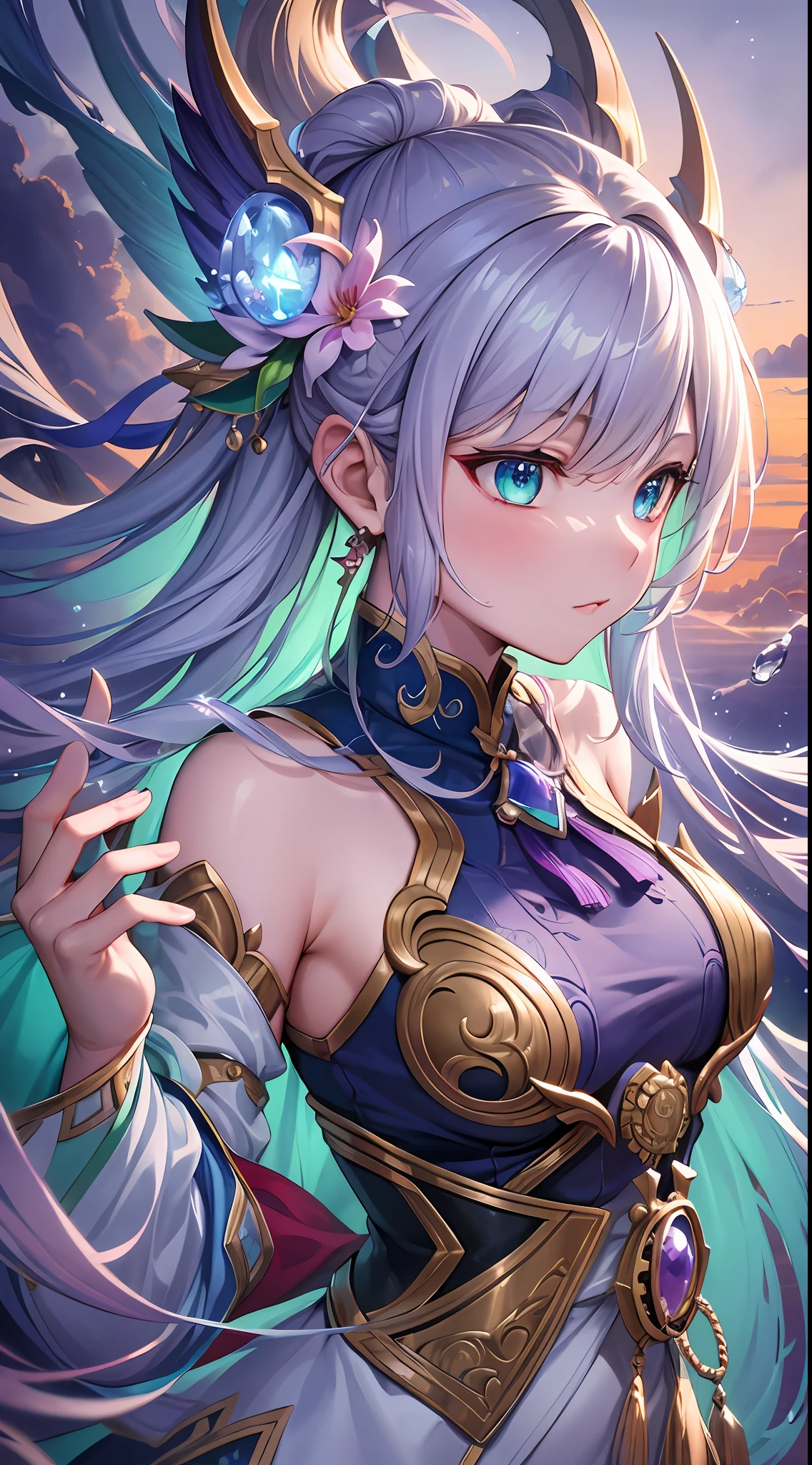 An exquisite and incredibly detailed masterpiece featuring Zeri from League of Legends, displaying the best quality and high resolution in an otherworldly, floating composition. The character is captured in a dynamic pose, with stunning blue eyes and multicolored hair in shades of silver, red, purple, yellow, and green. Zeri is dressed in a beautiful white wuxia outfit, complete with a neck ribbon, and surrounded by a serene yet vibrant environment that is bathed in twilight hues. The wide shot showcases the incredible level of detail, with too many drops of water and dreamy clouds creating a watercolor-like effect,,((masterpiece, best quality)),extremely detailed, trending on artstation, trending on CGsociety, Intricate, High Detail, dramatic, art by midjourney,(extremely detailed CG unity 8k wallpaper,masterpiece, best quality, ultra-detailed),dynamic light,masterpiece, best quality, high quality, extremely detailed CG unity 8k wallpaper,award winning