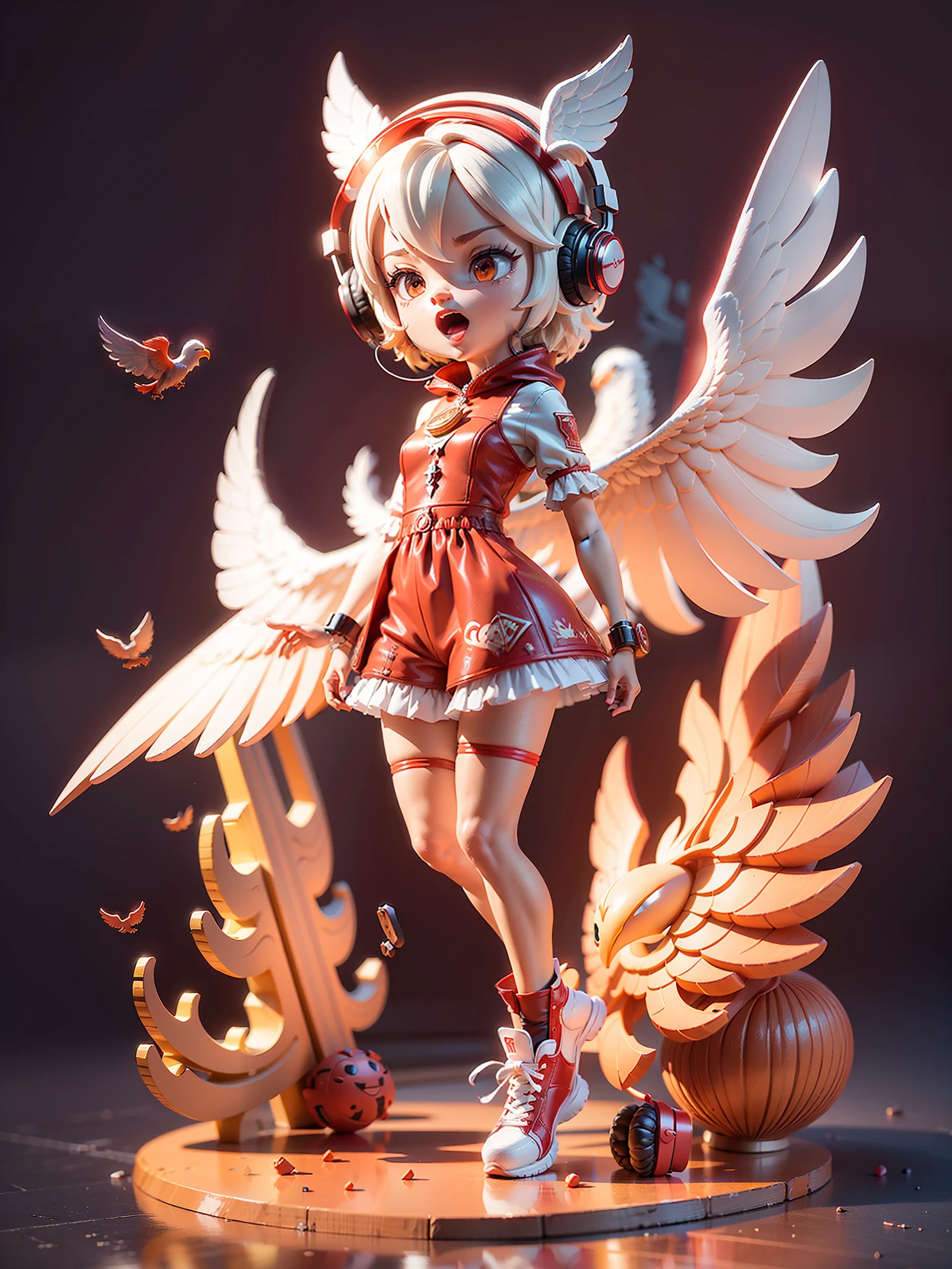 (Masterpiece), (Excellent), (Ultra Detailed), (Full Body: 1.2), (Solitary), Red Theme, Phoenix Magician, Cute, Open Mouth, Headphones, Popmart Blind Box, Clay Texture, Stepping on Earth, Black and White Background, Natural Light, Best Quality, Ultra Detail, 3D Art, C4D, OC Renderer, 3D Rendering, 8k