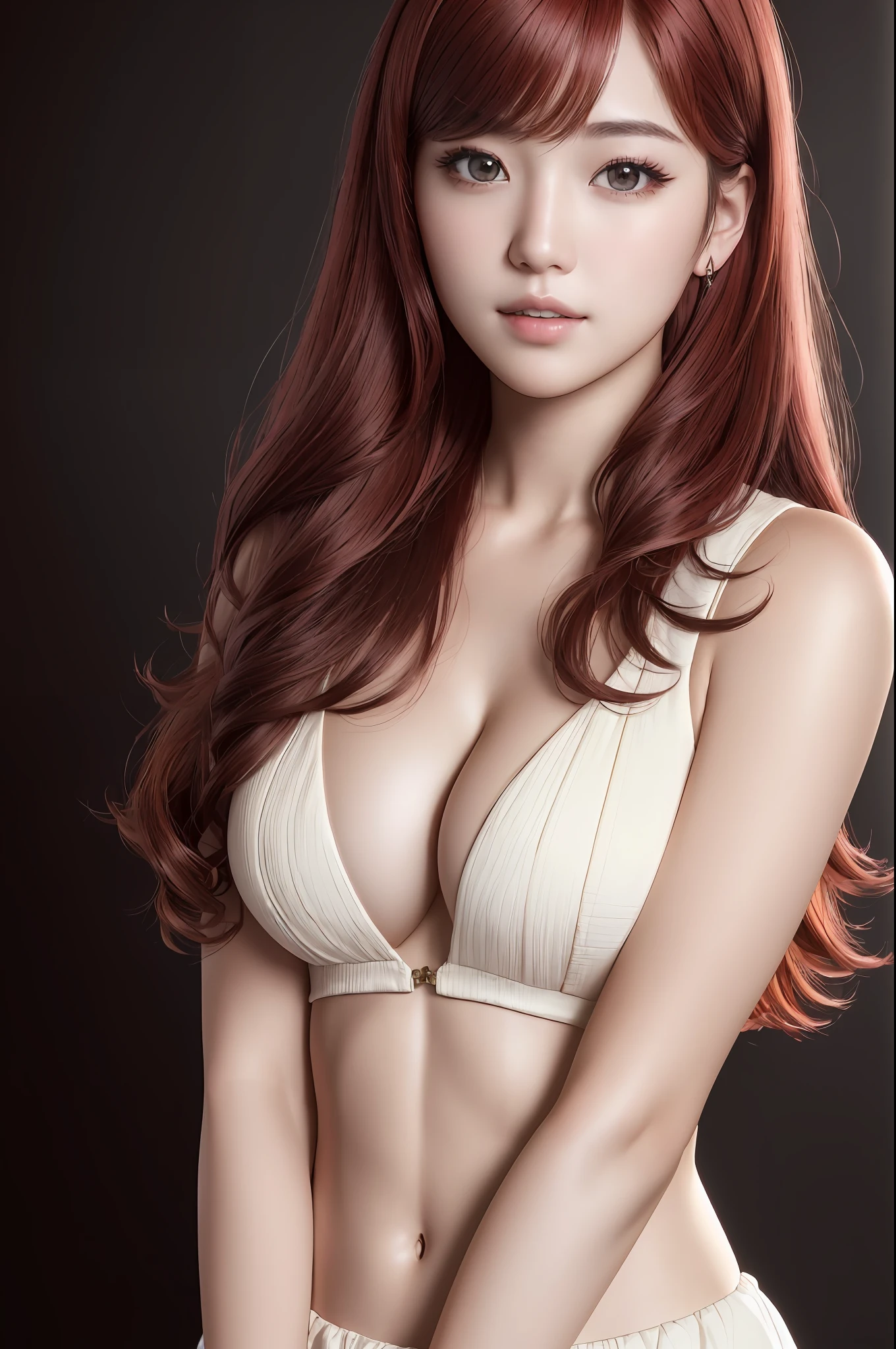 absurdres, 1girl, star eye, blush, (realistic:1.5), (masterpiece, Extremely detailed CG unity 8k wallpaper, best quality, highres:1.2), (ultra_detailed, UHD:1.2), (pixiv:1.3), perfect illumination, distinct, (bishoujo:1.2), looking at viewer, unreal engine, sidelighting, perfect face, detailed face, beautiful eyes, pretty face, (bright skin:1.3), idol, (abs), ulzzang-6500-v1.1, soft smile, upper body, (dark red hair), (simple background), ((dark background)), (depth of field), close-up, selfie